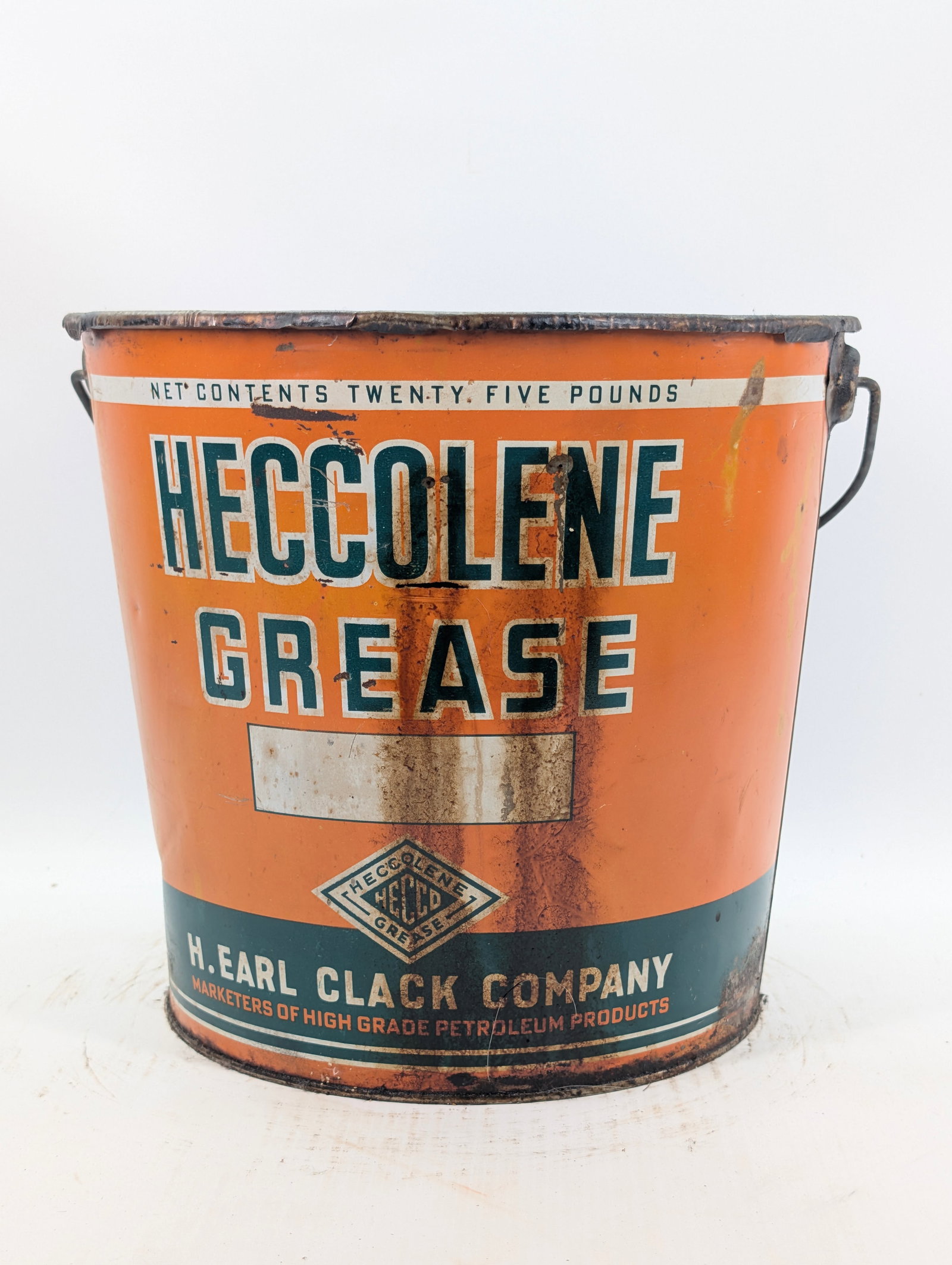 HECCOLENE GREASE FIVE POUND BUCKET: REMAINS IN FAIR TO GOOD CONDITION, SHOWING WEAR THROUGHOUT. DIRTY.