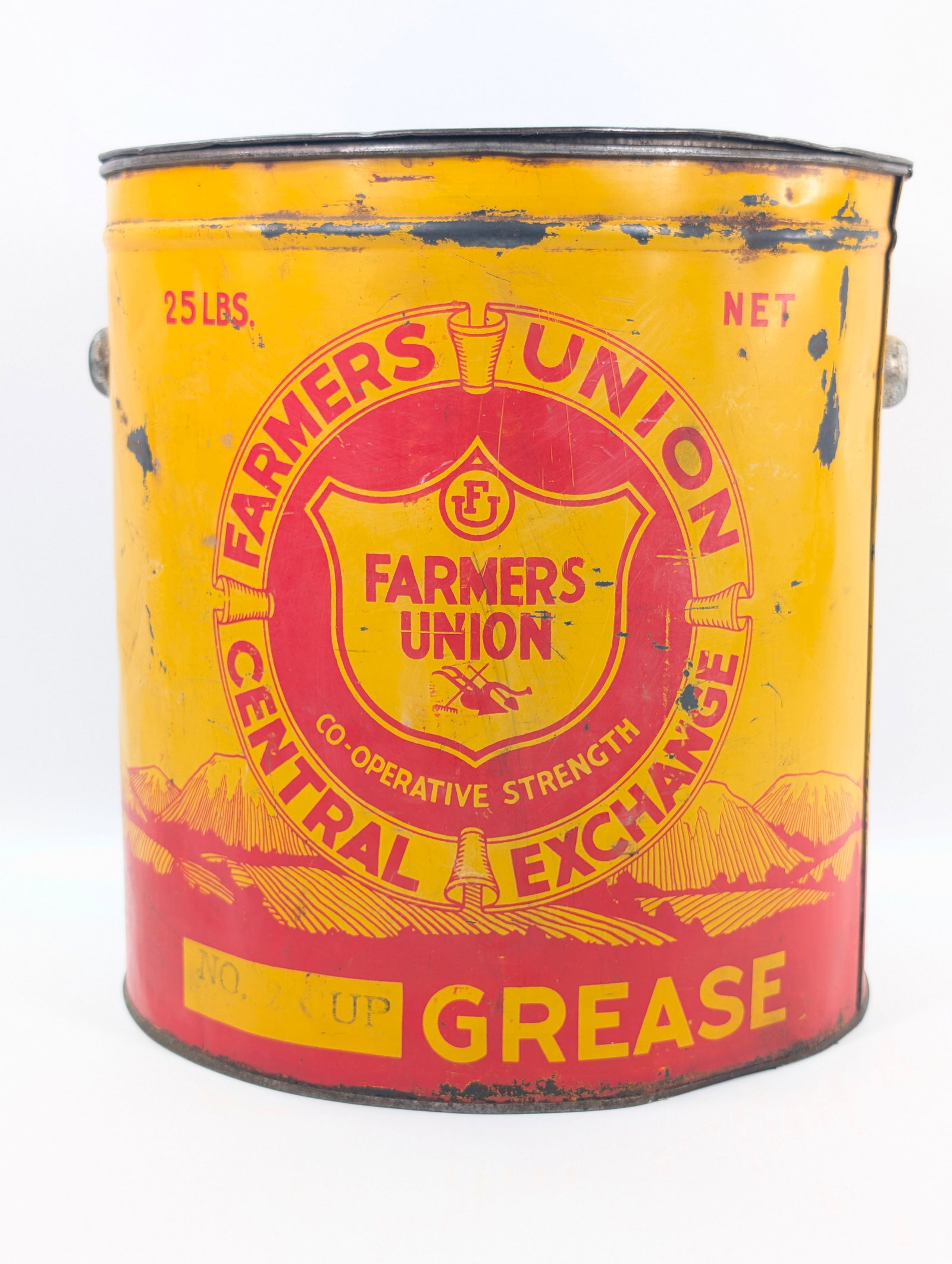 CENTRAL EXCHANGE FARMERS UNION 25 POUND GREASE BUCKET: REMAINS IN FAIR TO GOOD CONDITION, SHOWING WEAR THROUGHOUT.