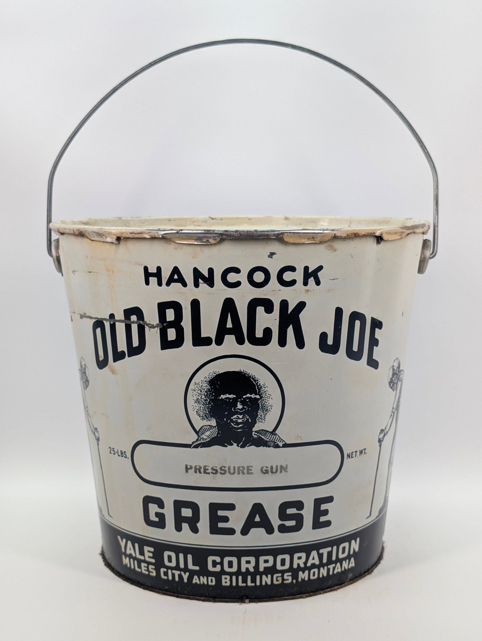 HANCOCK OLD BLACK JOE 25 POUND GREASE BUCKET - FULL: REMAINS IN VERY GOOD FULL UNUSED CONDITION.