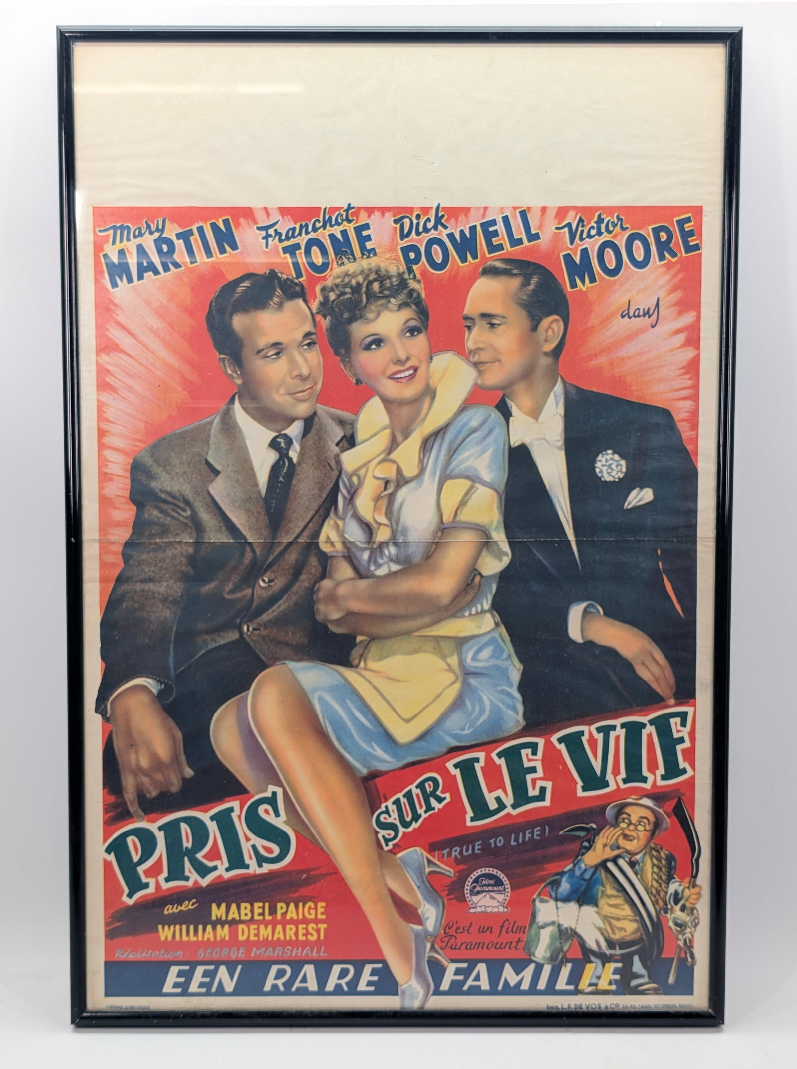 1943 BELGIAN MOVIE POSTER TRUE TO LIFE: REMAINS IN GOOD CONDITION SHOWING CREASE ACROSS THE CENTER. FRAMED.