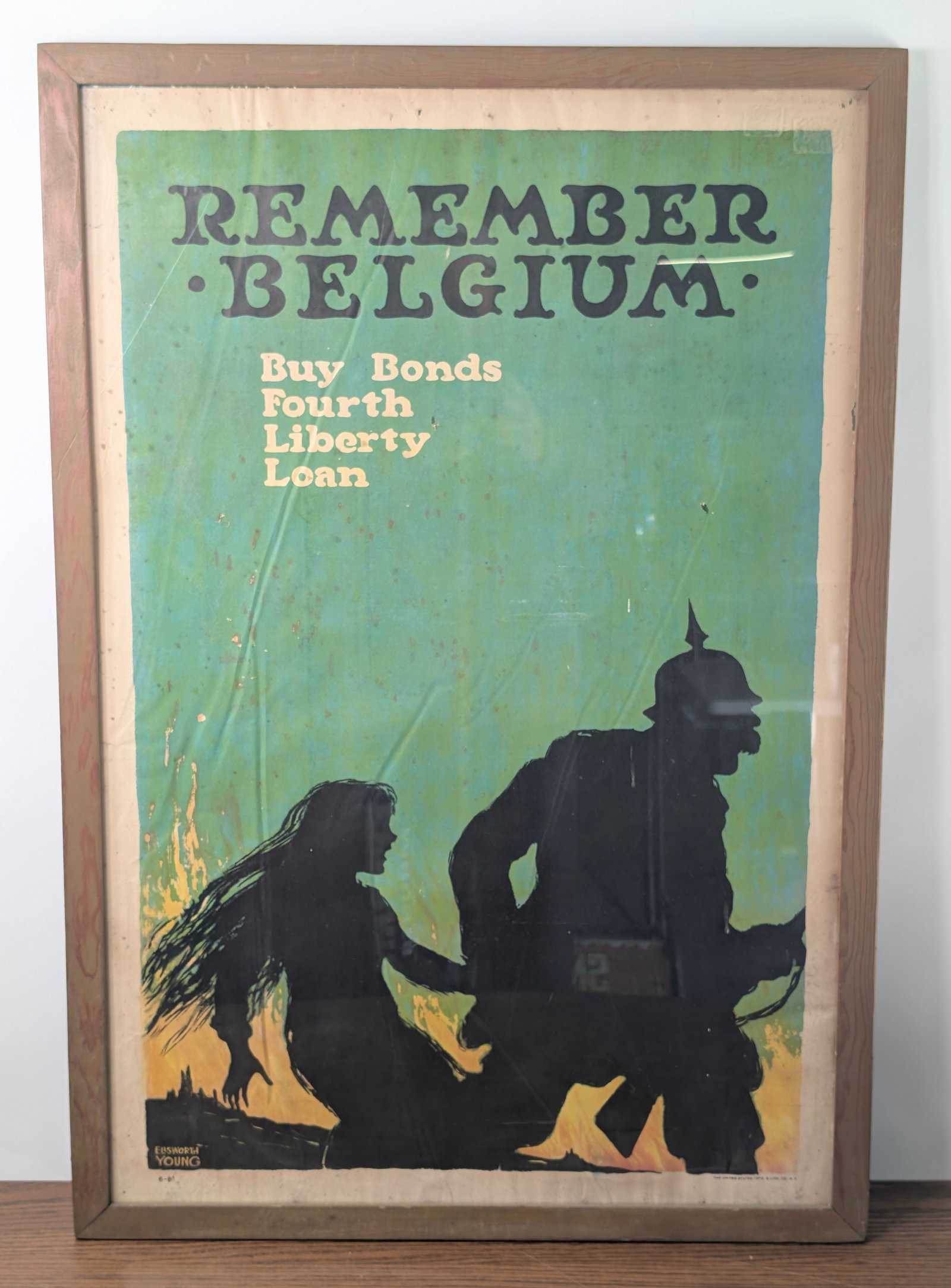 WWII REMEMBER BELGIUM MILITARY POSTER: REMAINS IN FAIR TO GOOD CONDITION, SHOWING SOME TYPICAL WEAR. WATER DAMAGE AND STAINING.