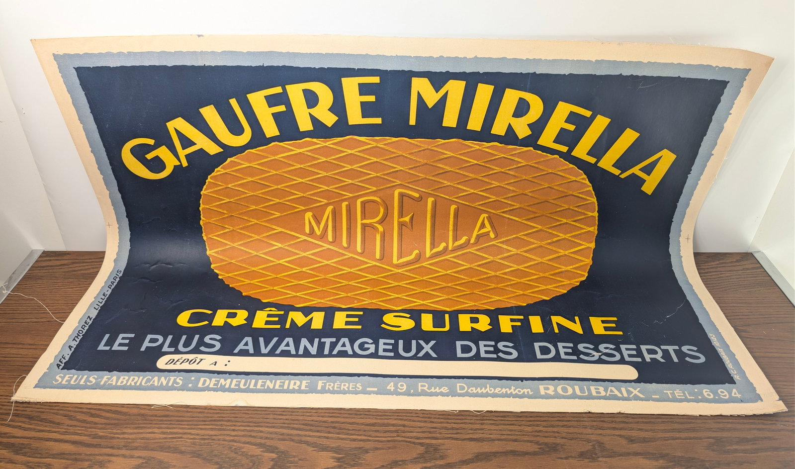 VINTAGE MIRELLA CREME SURFINE DESSERTS POSTER ON CANVAS: REMAINS IN GOOD CONDITION, SHOWING SOME LIGHT TYPICAL WEAR. ON CANVAS.