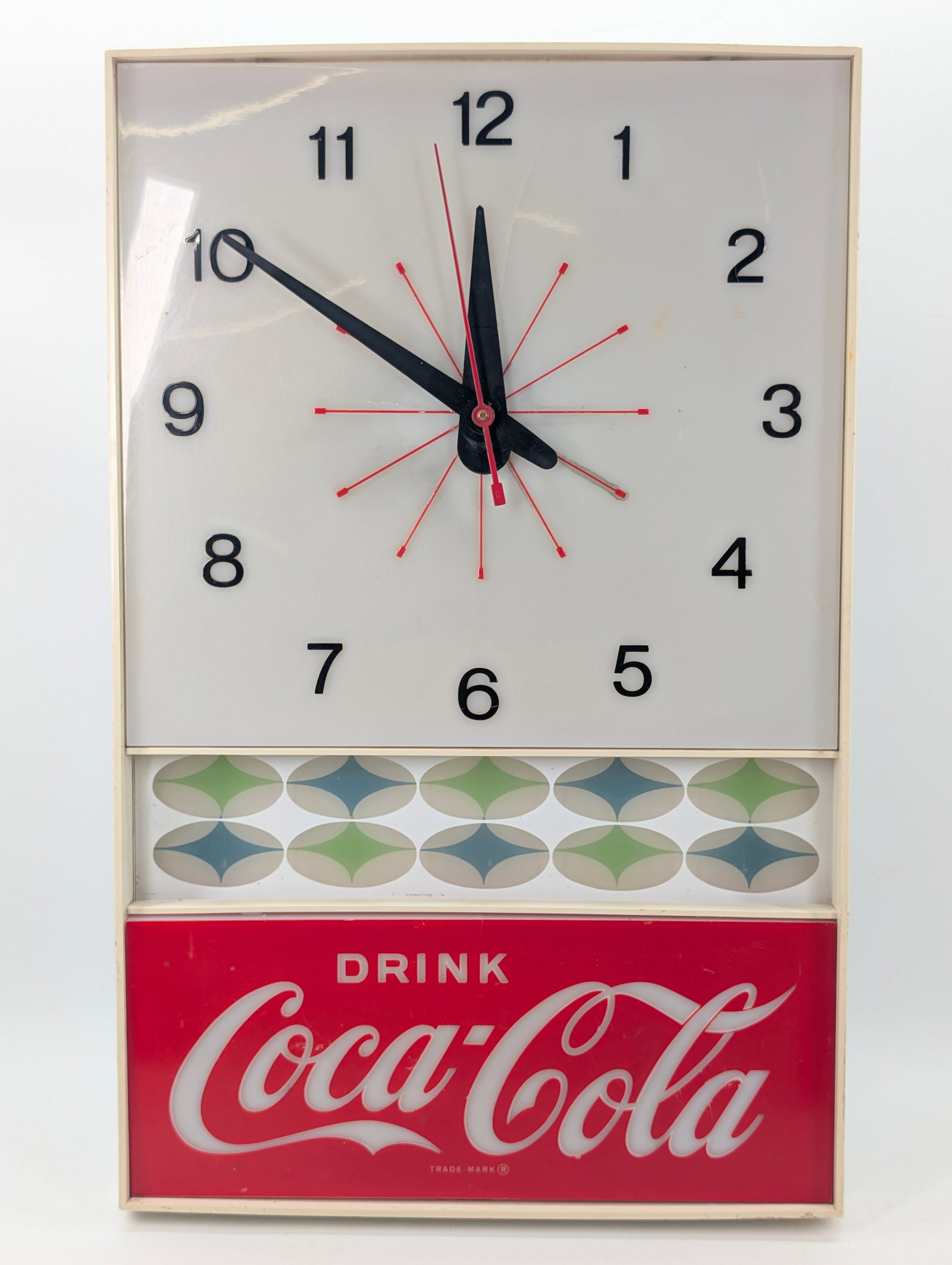 VINTAGE COCA COLA LIGHTED CLOCK SIGN: REMAINS IN GOOD CONDITION, SHOWING SOME TYPICAL WEAR. NOT WORKING. HAS CRACK IN PLASTIC RIGHT NEAR THE "12".