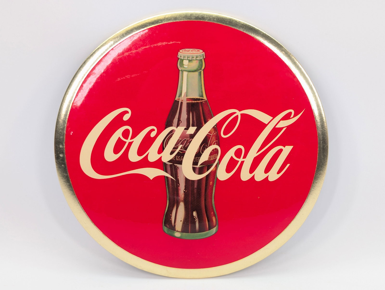 VINTAGE 9" CELLULOID COCA COLA BUTTON SIGN: REMAINS IN VERY GOOD CLEAN CONDITION.