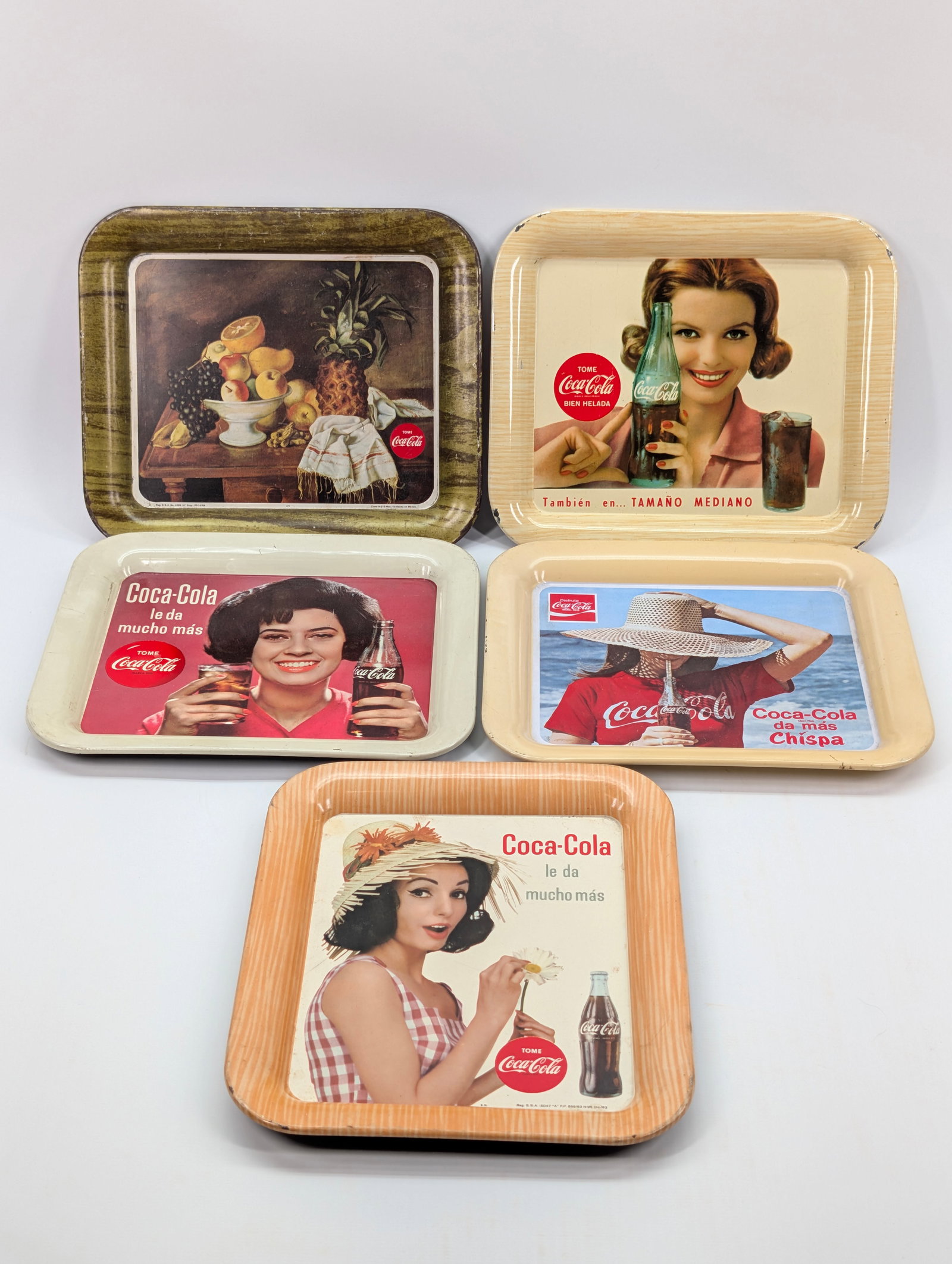 5) VINTAGE COCA COLA TIP TRAYS: ALL REMAIN IN GOOD CLEAN CONDITION.