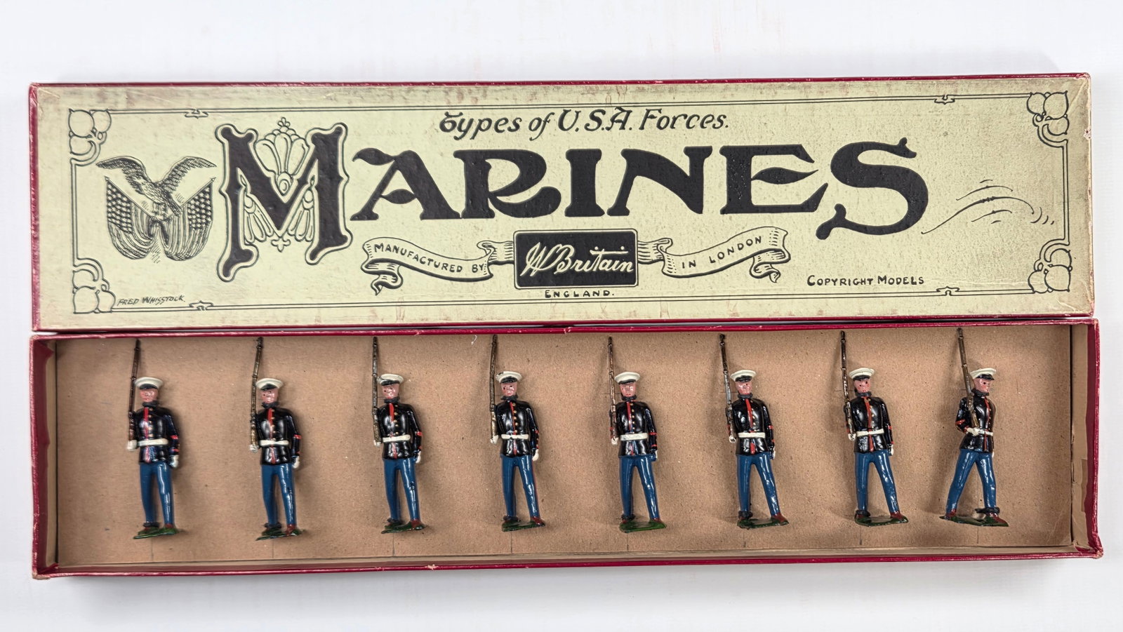 VINTAGE BRITAIN 228 U.S.A. MARINES: SET REMAINS IN GOOD CONDITION, SHOWING SOME LIGHT TYPICAL WEAR. ORIGINAL BOX IN GOOD CONDITION, SHOWING SOME TYPICAL WEAR. CUSTOM INSERT REPLACEMENT.