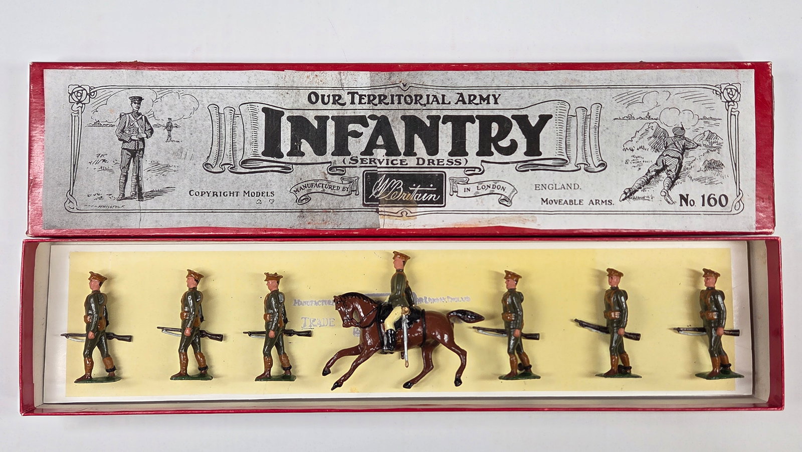 VINTAGE BRITAIN 160 TERRITORIAL ARMY INFANTRY: SET REMAINS IN GOOD CONDITION, SHOWING SOME TYPICAL PAINT WEAR. CUSTOM BOX.