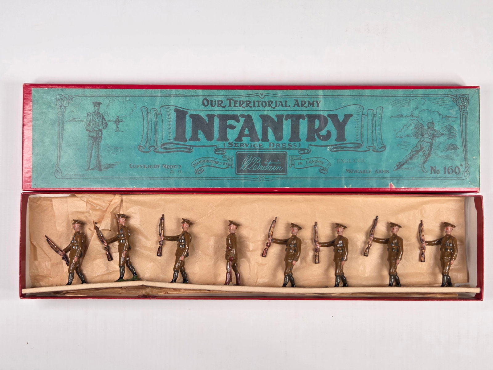 VINTAGE BRITAIN 160 TERRITORIAL ARMY INFANTRY: SET REMAINS IN GOOD CONDITION, SHOWING SOME TYPICAL PAINT WEAR. CUSTOM BOX.