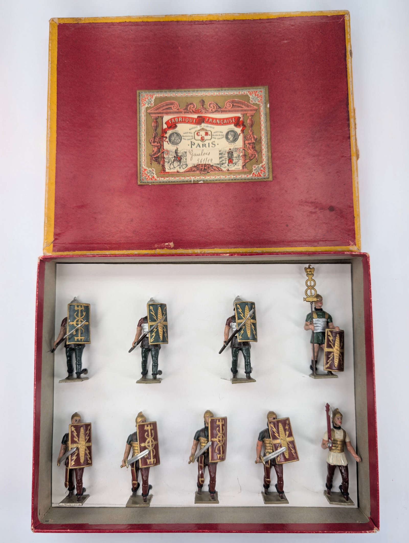 C.B.G. MIGNOT GUARD SET W/ SHIELDS: SET REMAINS IN GOOD CONDITION, SHOWING SOME LIGHT TYPICAL WEAR.