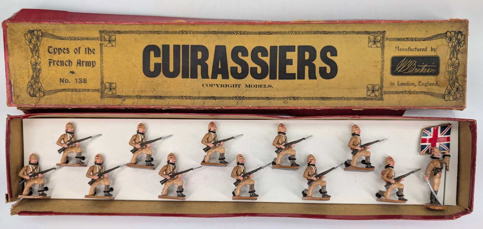 VINTAGE BRITAIN NO. 138 CUIRASSIERS: ALL REMAIN IN GOOD CONDITION, SHOWING SOME LIGHT PAINT WEAR. ORIGINAL BOX SHOWING WEAR WITH TEARS. CUSTOM INSERT.