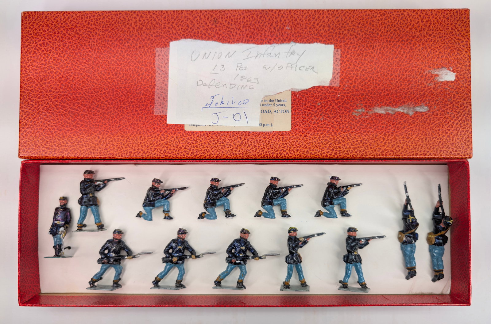 VINTAGE JOHILLCO UNION INFANTRY W/ OFFICER: ALL REMAIN IN GOOD CONDITION SHOWING SOME PAINT TOUCH UPS. CUSTOM BOX.