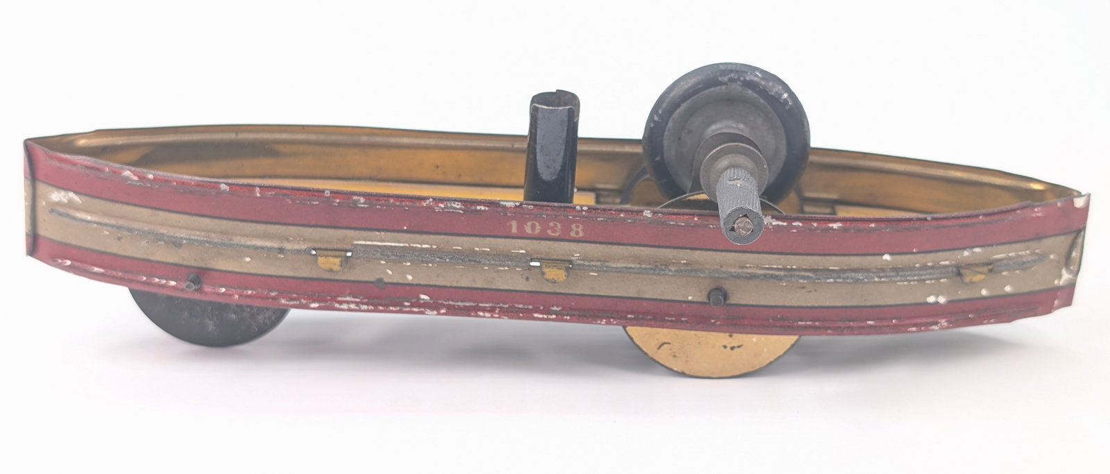 PRE-WAR TIN LITHO GERMAN FRICTION GUNBOAT: REMAINS IN FAIR TO GOOD CONDITION, SHOWING SOME PAINT WEAR ALONG THE SIDES.