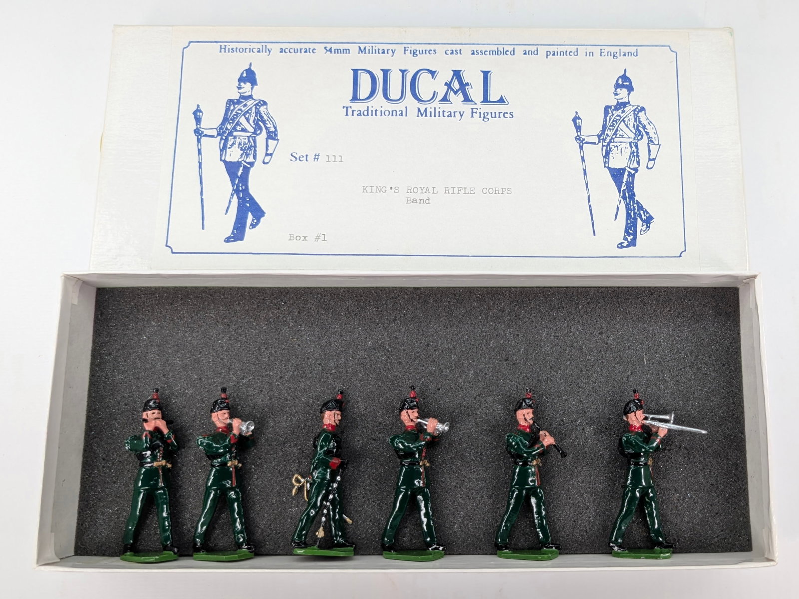 DUCAL SET #111 KING'S ROYAL RIFLE CORPS BAND: SET REMAINS IN GOOD CONDITION, SHOWING SOME LIGHT TYPICAL WEAR.