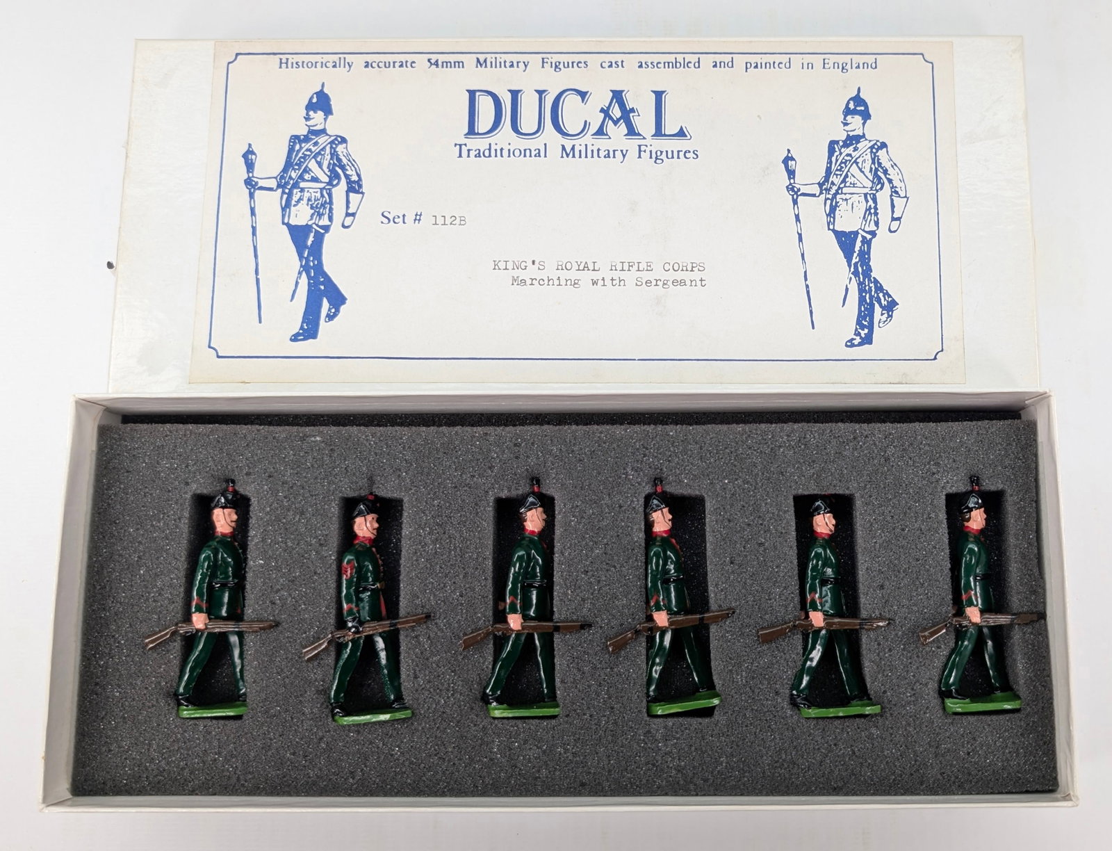 DUCAL SET #112B KING'S ROYAL RIFLE CORPS MARCHING W/ OFFICER: SET REMAINS IN GOOD CONDITION, SHOWING SOME LIGHT TYPICAL WEAR.