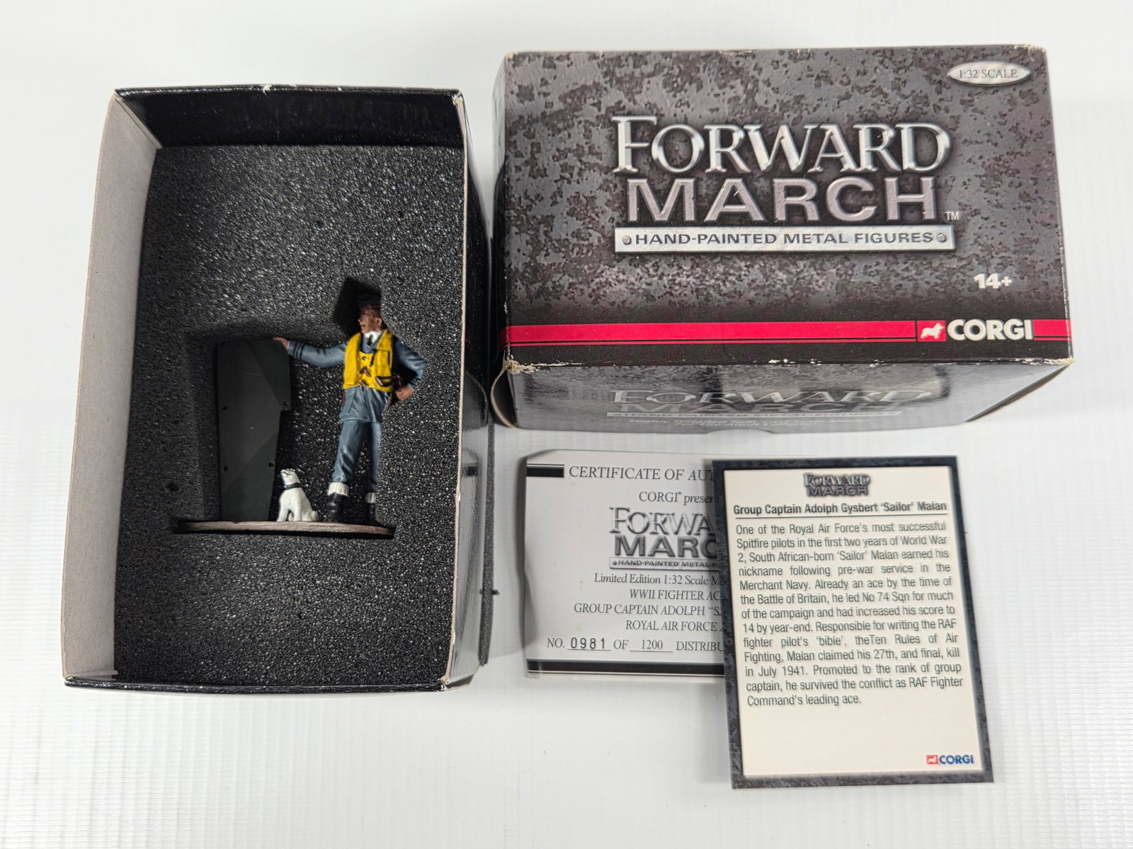 CORGI MARCH FORWARD 1/32 SCALE WWII CAPTAIN ADOLPH MALAN: REMAINS IN VERY GOOD CONDITION WITH ORIGINAL BOX.