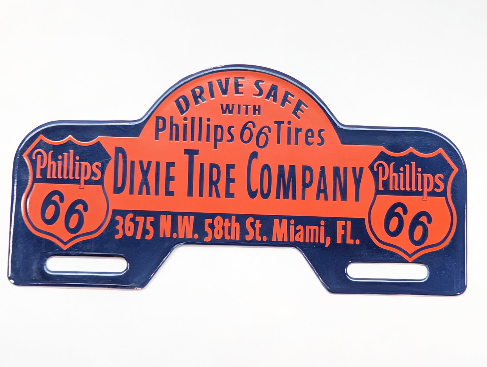 REPRODUCTION PORCELAIN PHILLIPS 66 LICENSE PLATE TOPPER: REMAINS IN VERY GOOD CLEAN CONDITION.