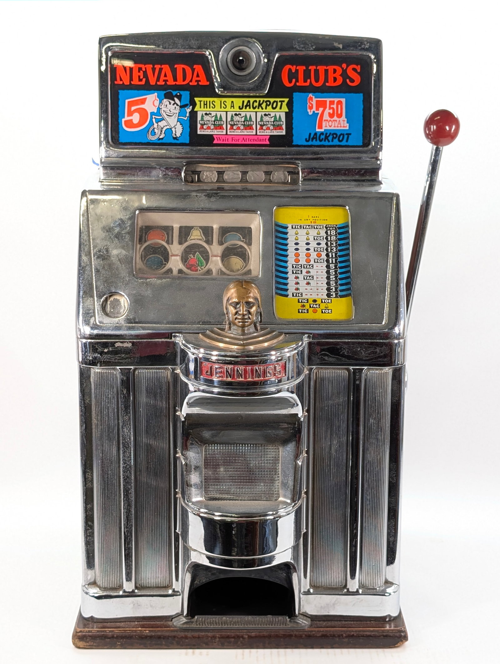 JENNINGS INDIAN CHIEF SLOT MACHINE: REMAINS IN GOOD CONDITION, SHOWING TYPICAL USAGE WEAR THROUGHOUT.
