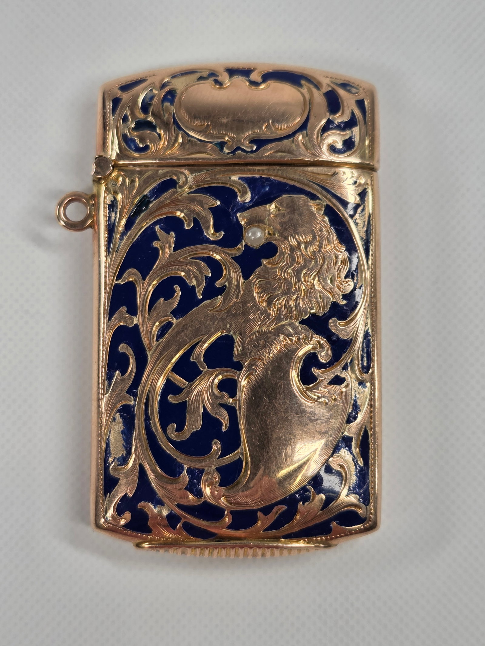 ANTIQUE 14K GOLD COBALT BLUE INLAY MATCH SAFE: REMAINS IN GOOD CONDITION, SHOWING SOME LIGHT CHIPPING TO ENAMEL