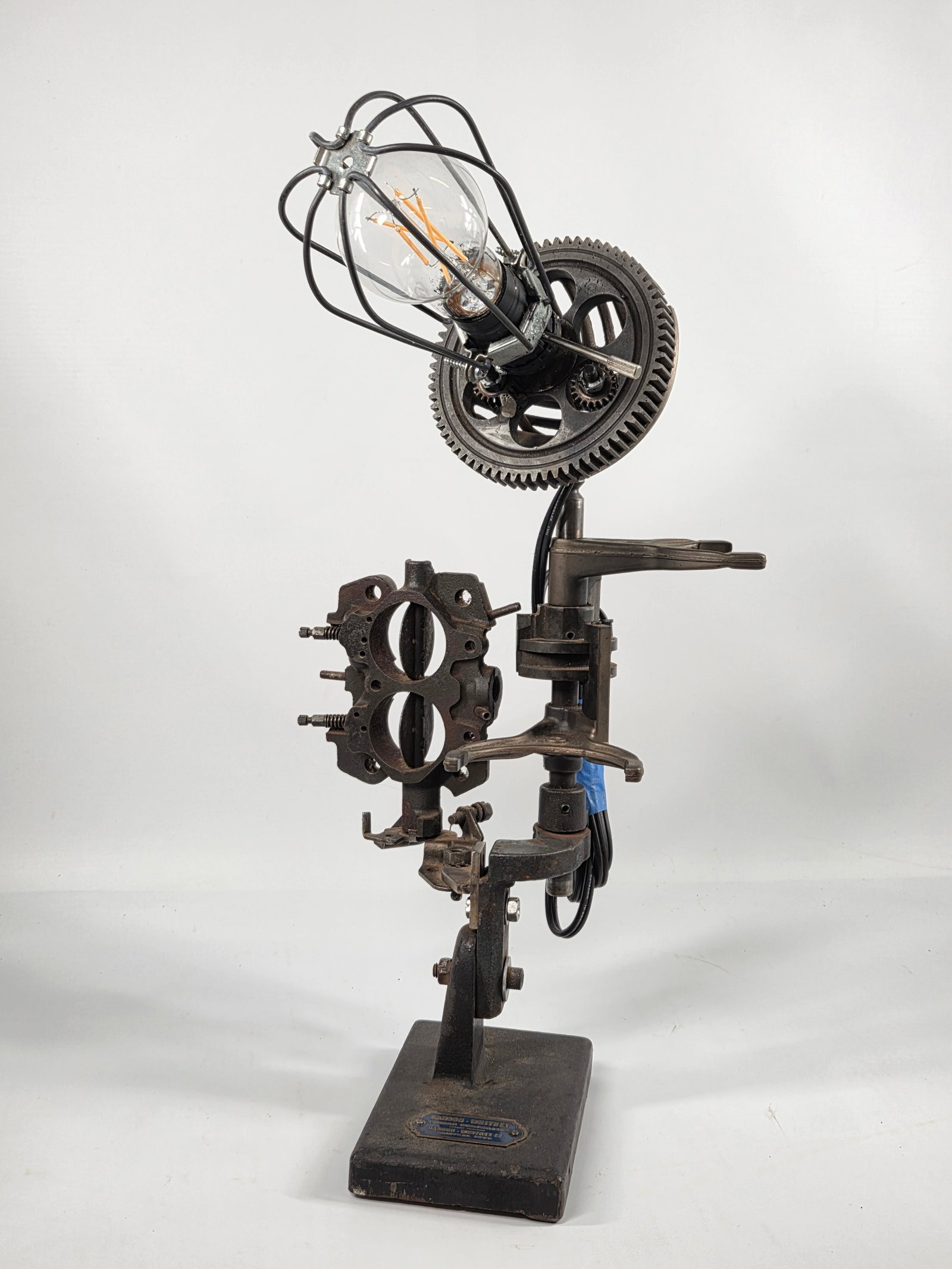 STEAMPUNK INDUSTRIAL ARTIST MADE LAMP: REMAINS IN GOOD CONDITION, SHOWING LIGHT WEAR. WORKS.