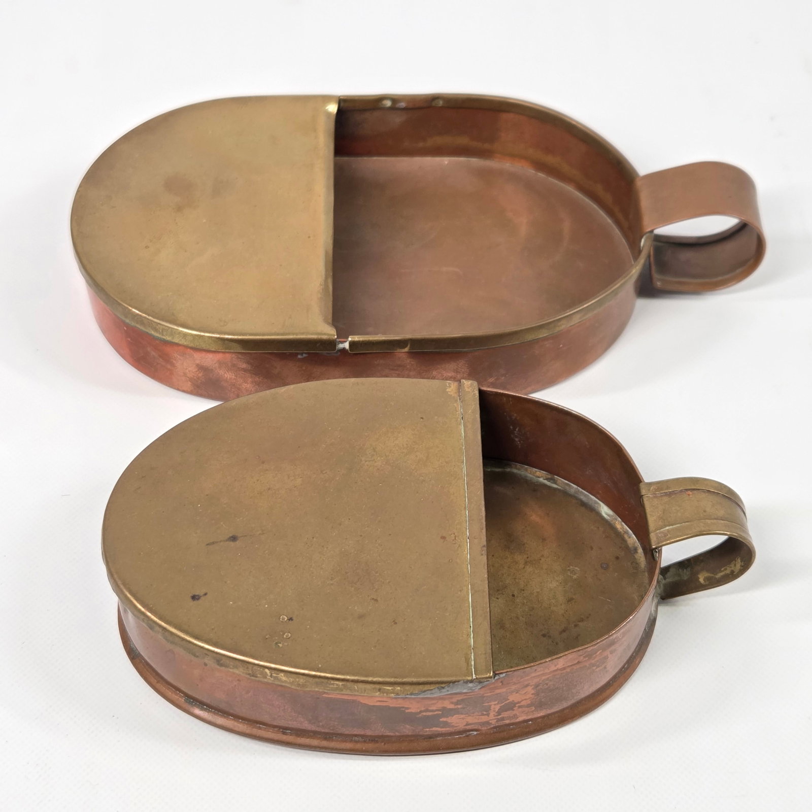 PAIR OF COPPER & BRASS MONEY SHAKERS: BOTH REMAIN IN GOOD CONDITION, SHOWING SOME TYPICAL WEAR.