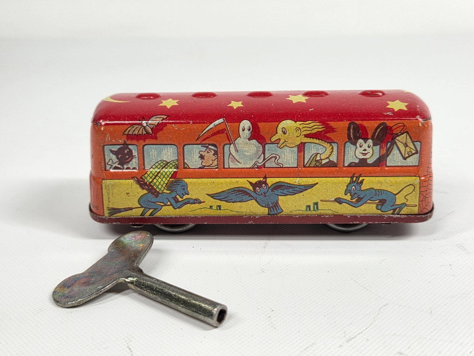 US ZONE GERMANY TIN WIND UP HALLOWEEN BUS W/ GHOST, DEVIL & WITCH (1 of 7)