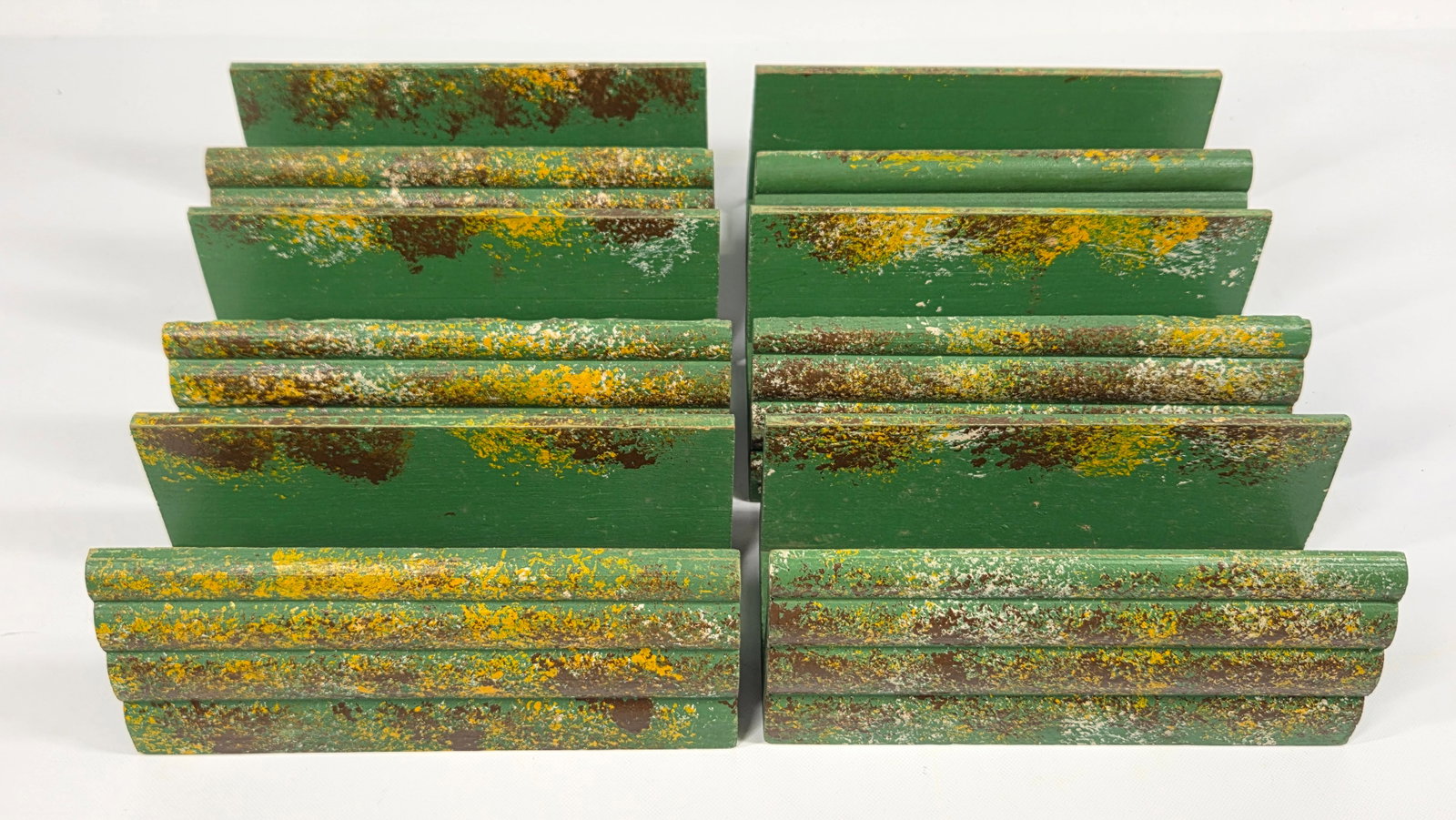 ANTIQUE PRIMITIVE WOOD HAND PAINTED SHRUB SECTIONS: ALL REMAIN IN GOOD CONDITION, SHOWING SOME TYPICAL USAGE WEAR.
