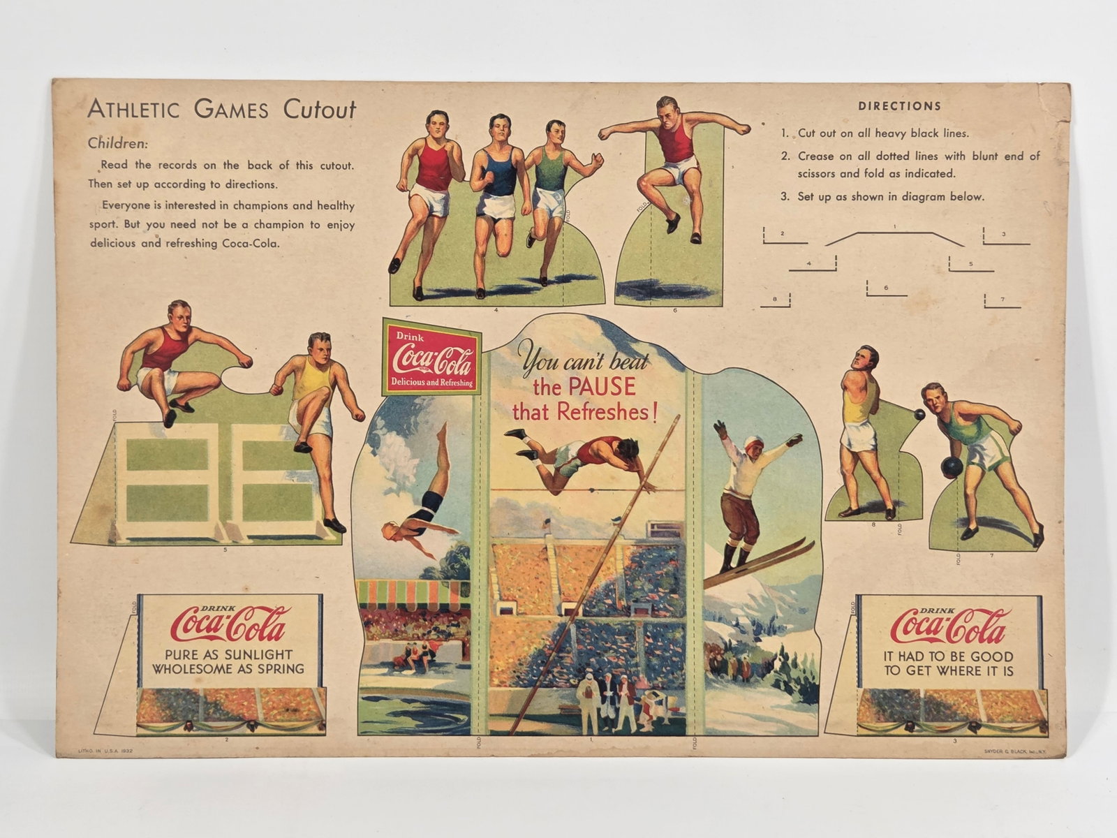 COCA COLA CARDBOARD CUTOUT ATHLETIC GAMES: REMAINS IN GOOD UNUSED CONDITION, SHOWING SOME TYPICAL WEAR.
