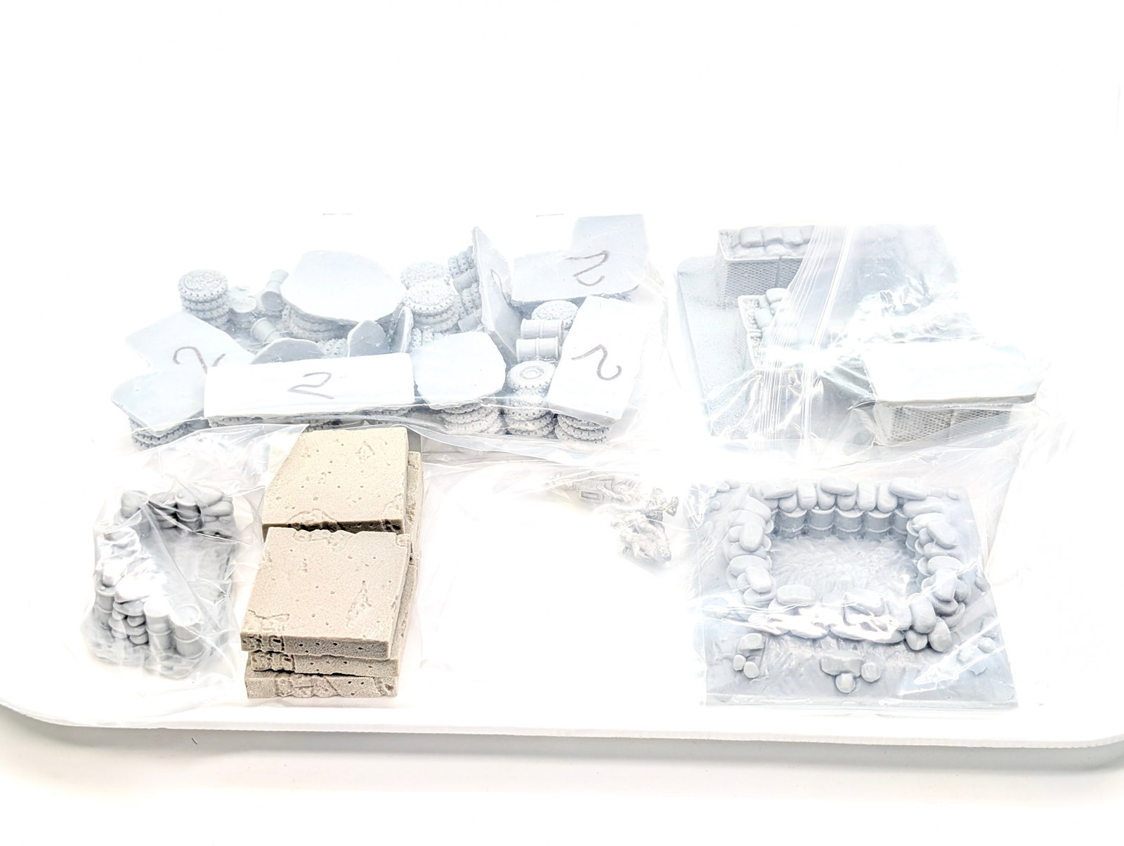 UNPAINTED GAMING BUILDINGS ACCESSORIES: ALL REMAIN IN GOOD UNPAINTED CONDITION.