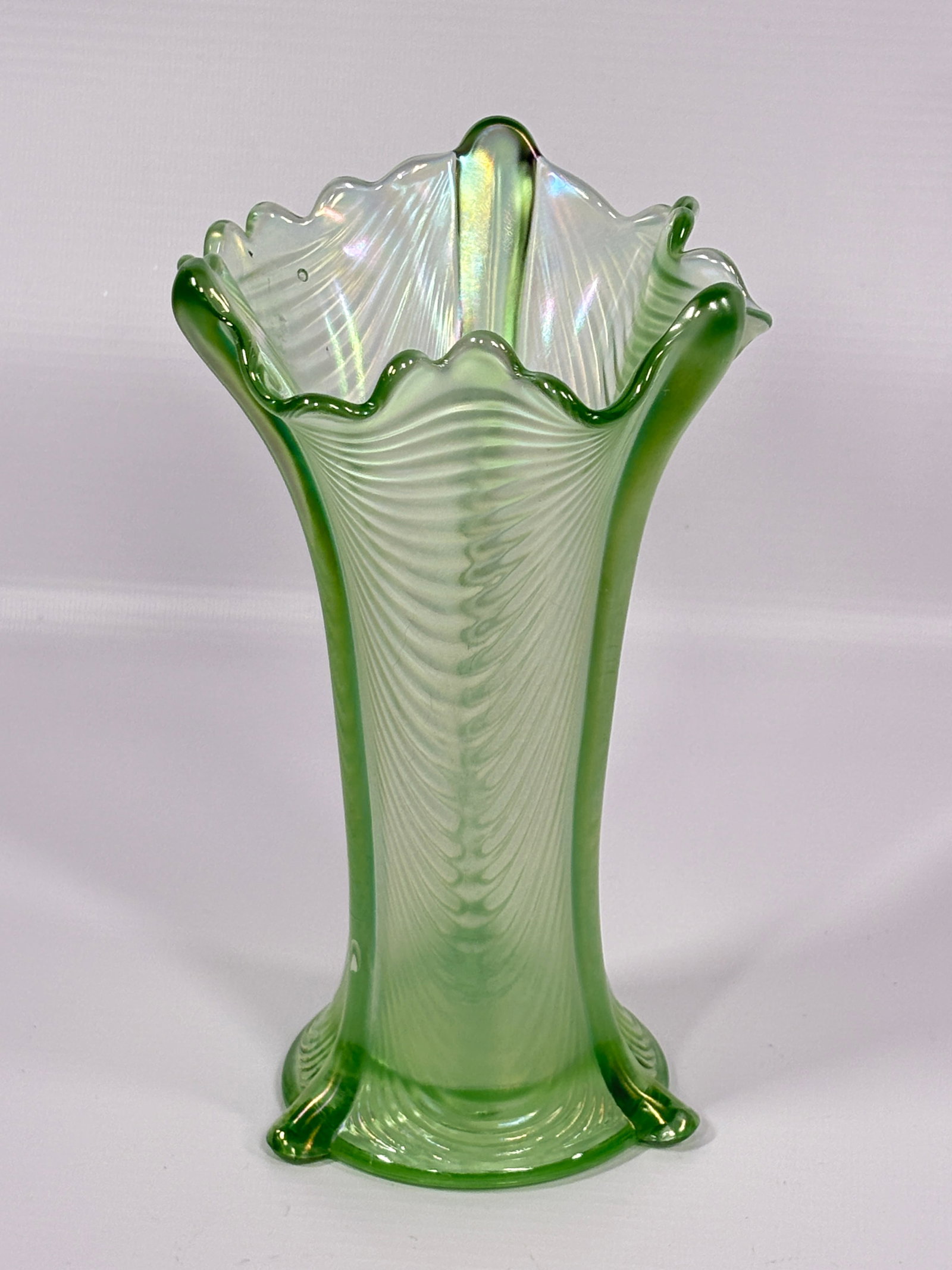 NORTHWOOD ICE GREEN DRAPE VASE: REMAINS IN VERY GOOD CONDITION, NO CHIPS OR CRACKS. NICE TOES.