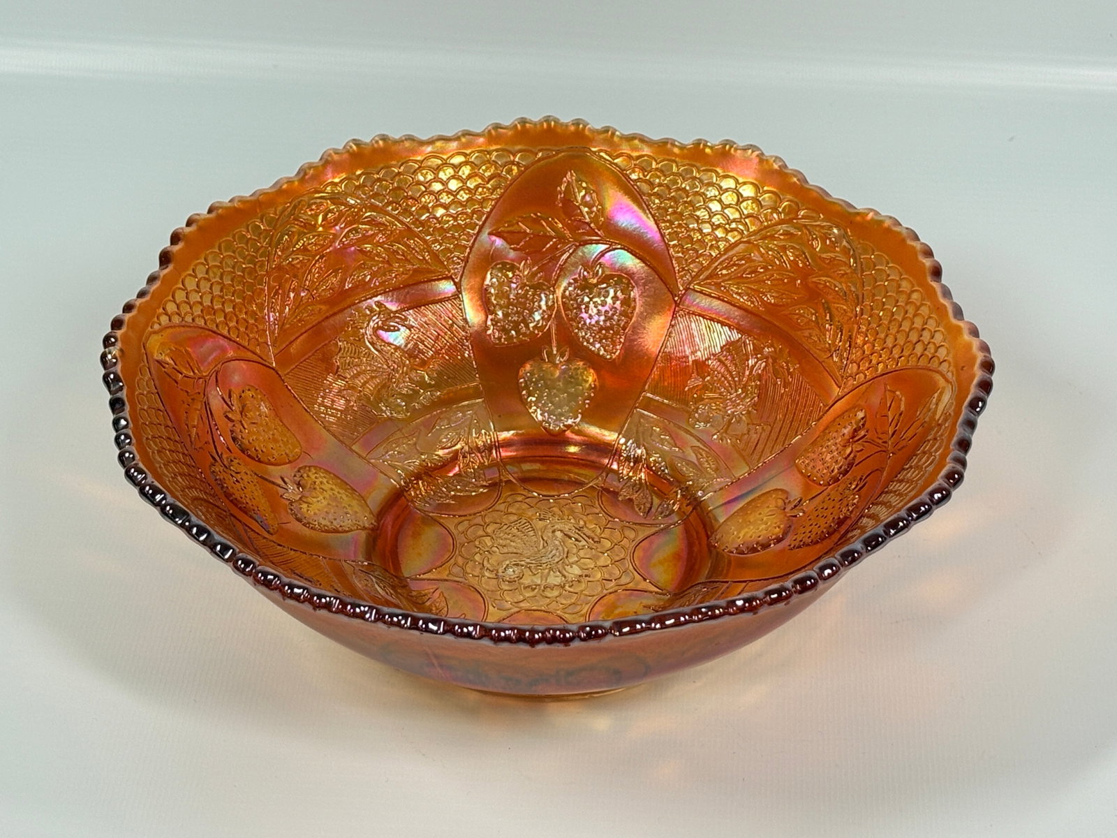 RARE FENTON PUMPKIN MARIGOLD DRAGON & STRAWBERRY COLLAR BASE BOWL (1 of 3)