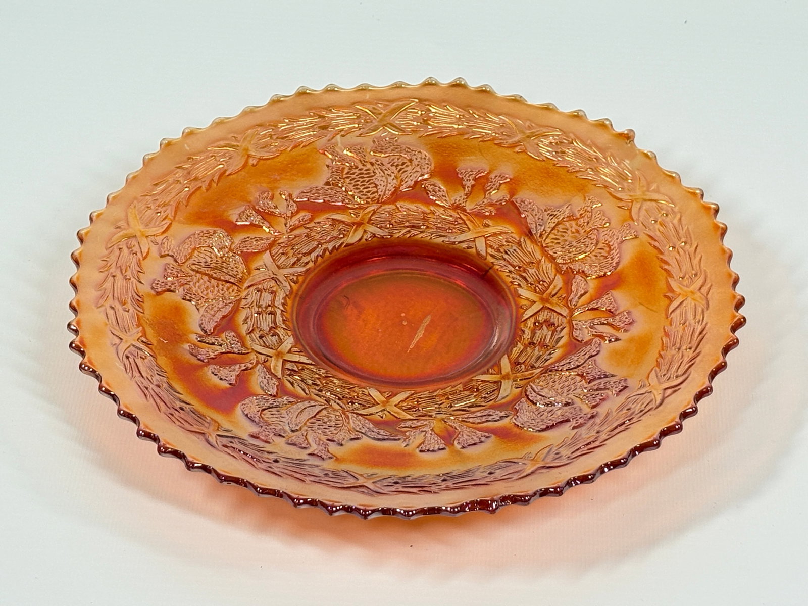 FENTON MARIGOLD CORAL PLATE: REMAINS IN VERY GOOD CONDITION, NO CHIPS OR CRACKS.