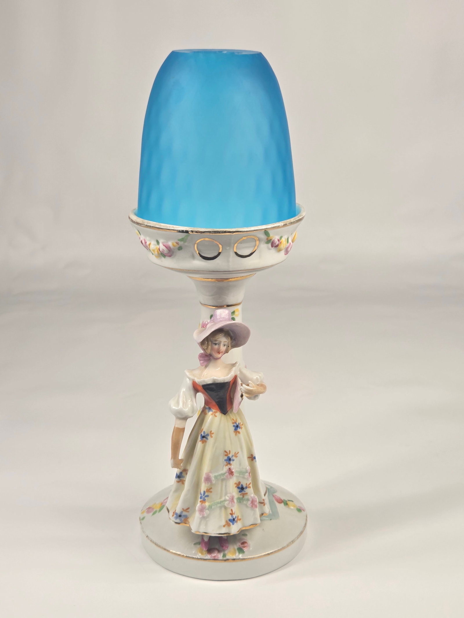 DRGM GERMAN PORCELAIN W/ BLUE FROSTED SHADE FAIRY LAMP (1 of 7)