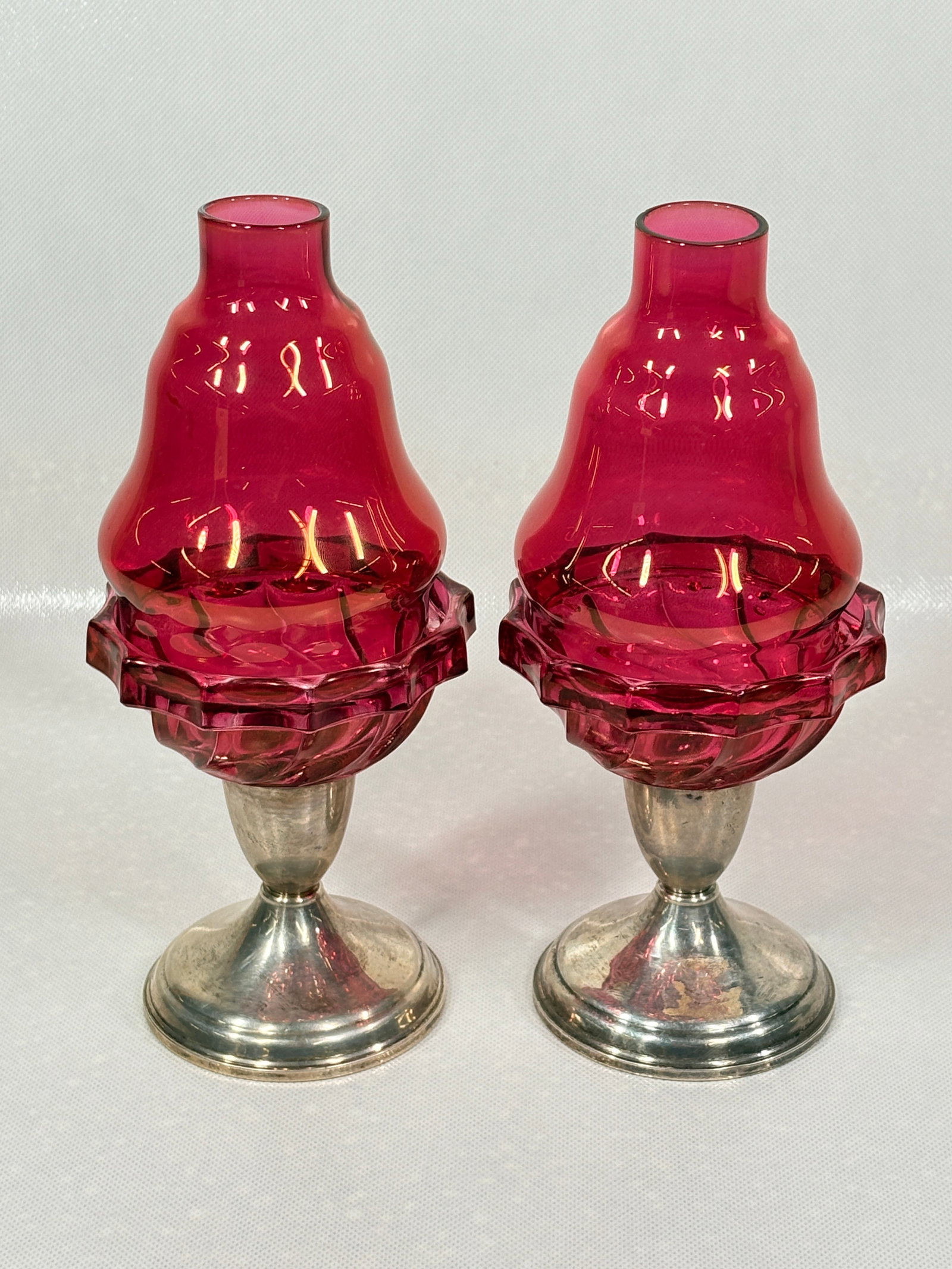 PAIR OF CRANBERRY ART GLASS FAIRY LAMPS W/ STERLING BASES (1 of 5)