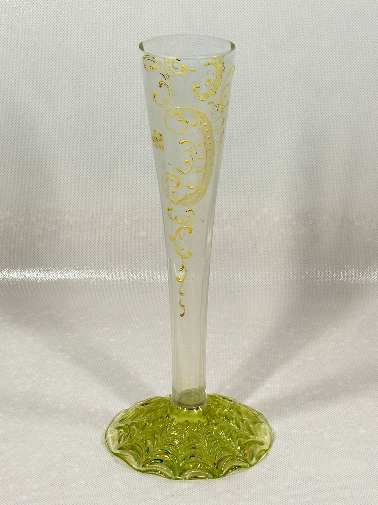 BOHEMIAN PAINTED VASELINE GLASS TRUMPET VASE: REMAINS IN VERY GOOD CONDITION, SHOWING SOME TYPICAL USAGE WEAR. NO CHIPS OR CRACKS.