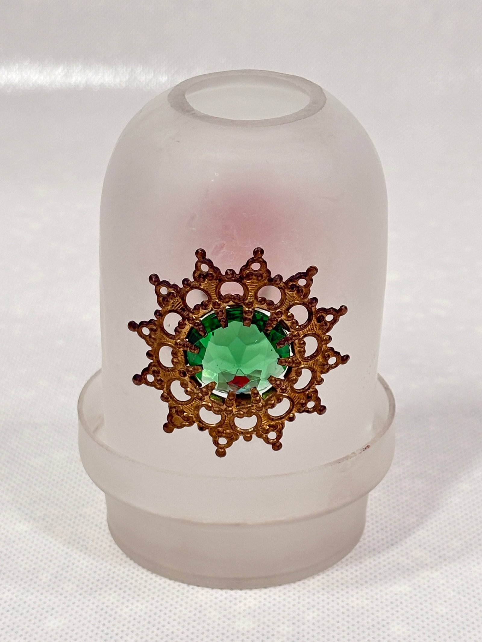 ANTIQUE FROSTED GLASS FAIRY LAMP W/ GREEN & RED JEWELED DOME (1 of 5)