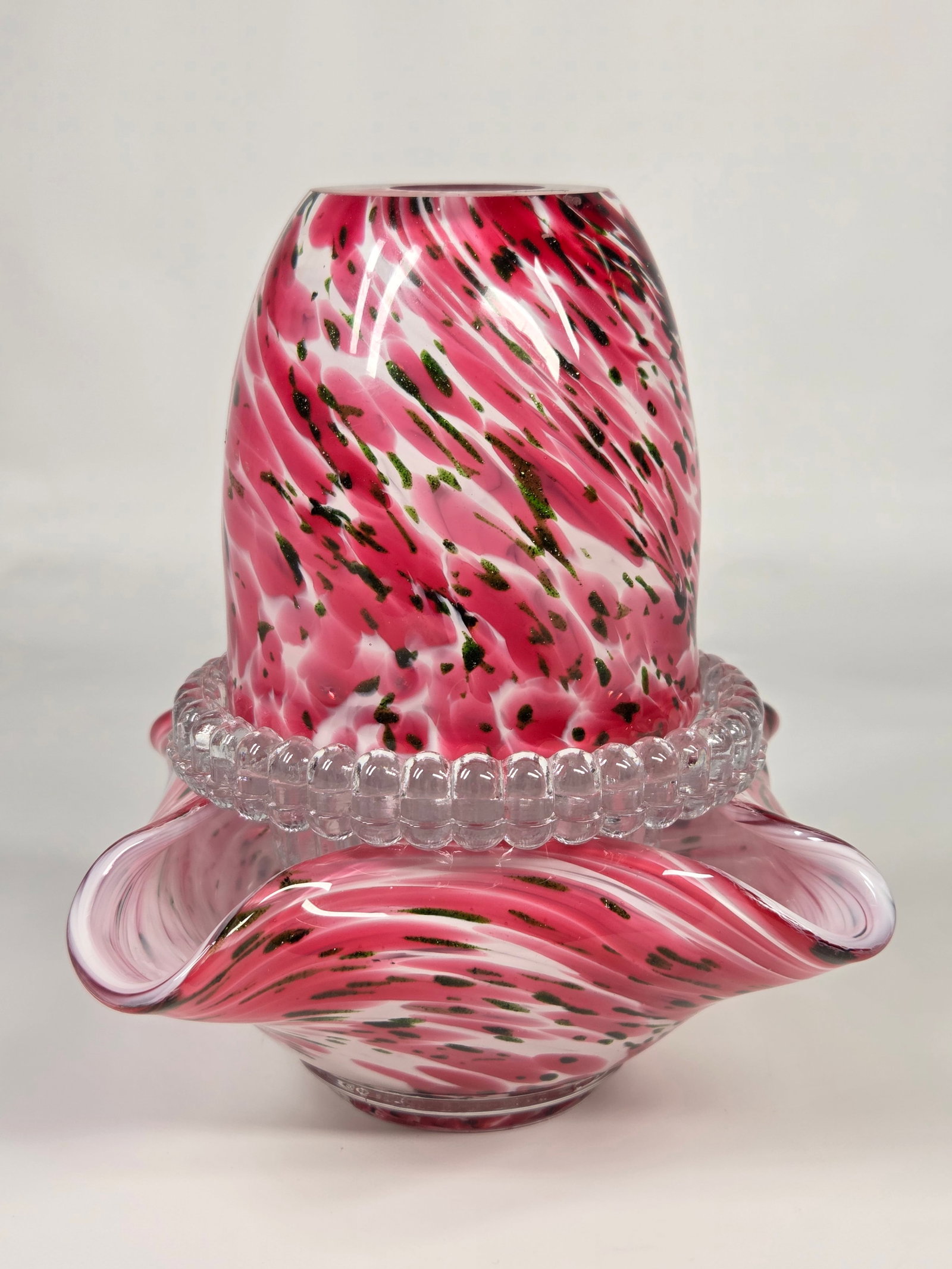 ANTIQUE PINK WHITE SPLATTER GLASS 3-PIECE FAIRY LAMP: APPEARS AS THIS IS A MARRIAGE AS THE CLEAR GLASS PART IS MARKED WESTMORELAND AND THE BASE HAS A CROWN PONTIL SCAR. ALL PIECES IN VERY GOOD CONDITION. NO CHIPS OR CRACKS.