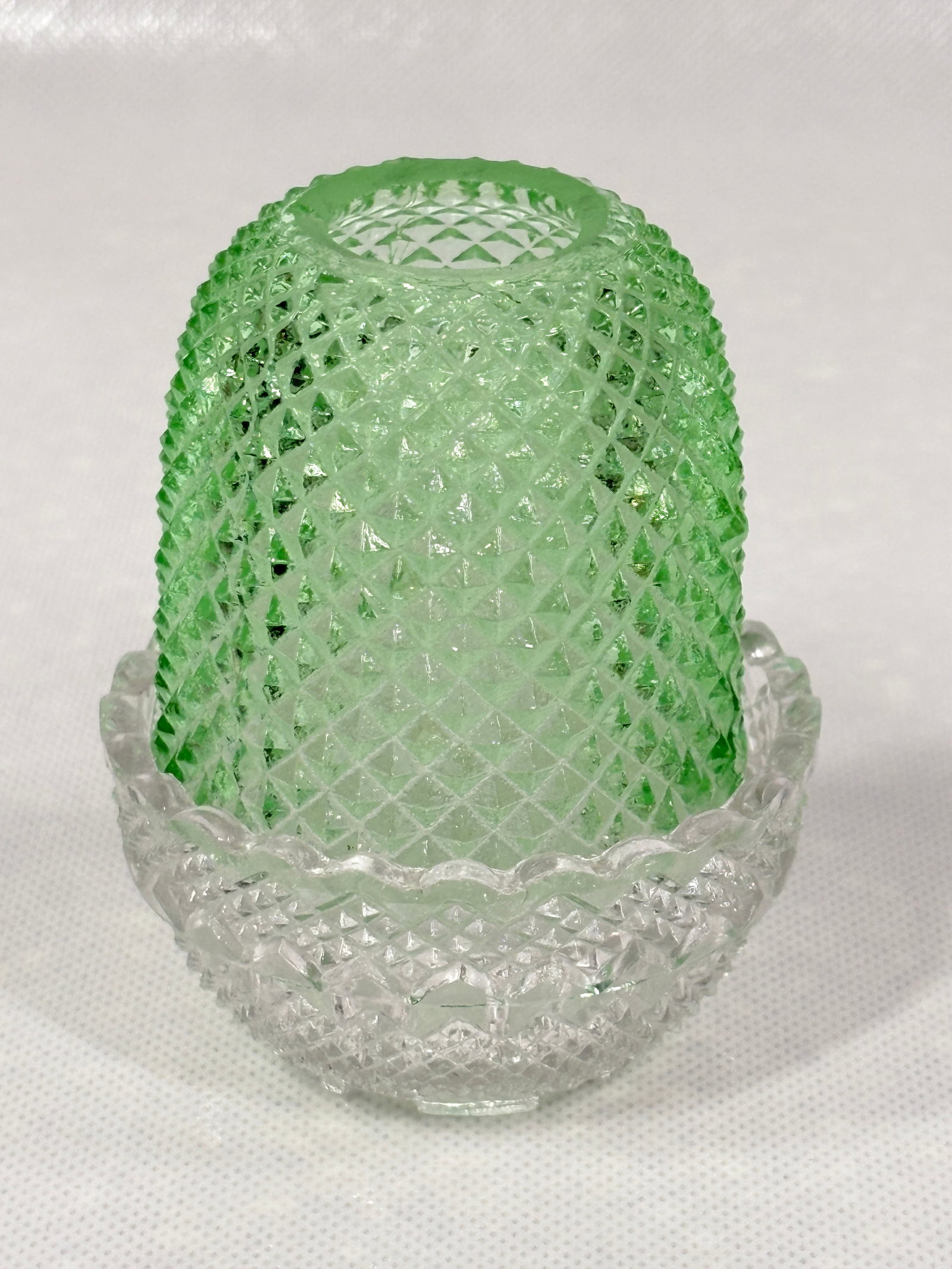 FENTON GREEN & CLEAR DIAMOND POINT FAIRY LAMP (1 of 4)
