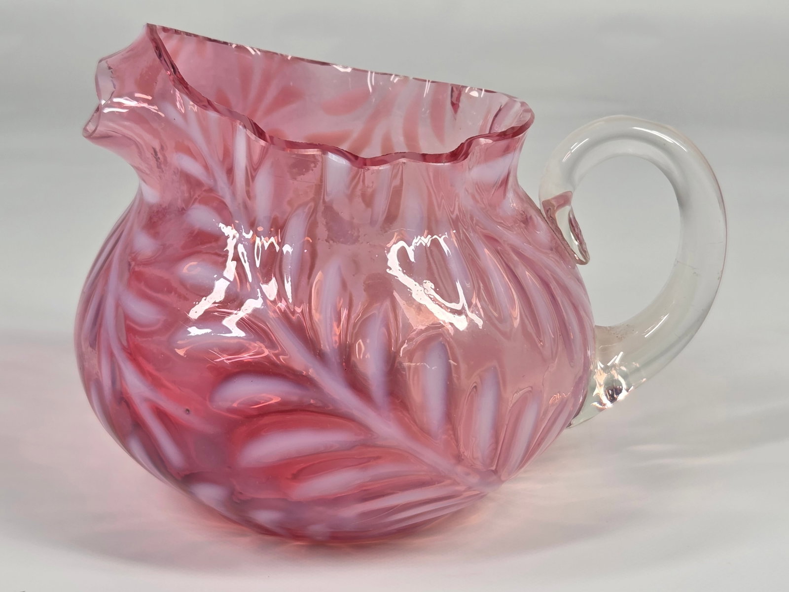 ANTIQUE VICTORIAN CRANBERRY OPALESCENT FERN PITCHER (1 of 4)