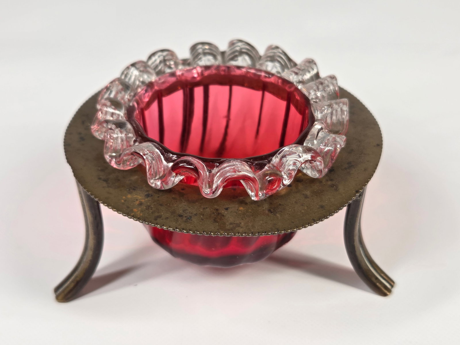 VICTORIAN CRANBERRY ART GLASS OPEN SALT DIP W/ SILVER PLATE: GLASS REMAINS IN GOOD CONDITION, NO CHIPS OR CRACKS. BASE HOLDER REMAINS IN GOOD POLISHED CONDITION.