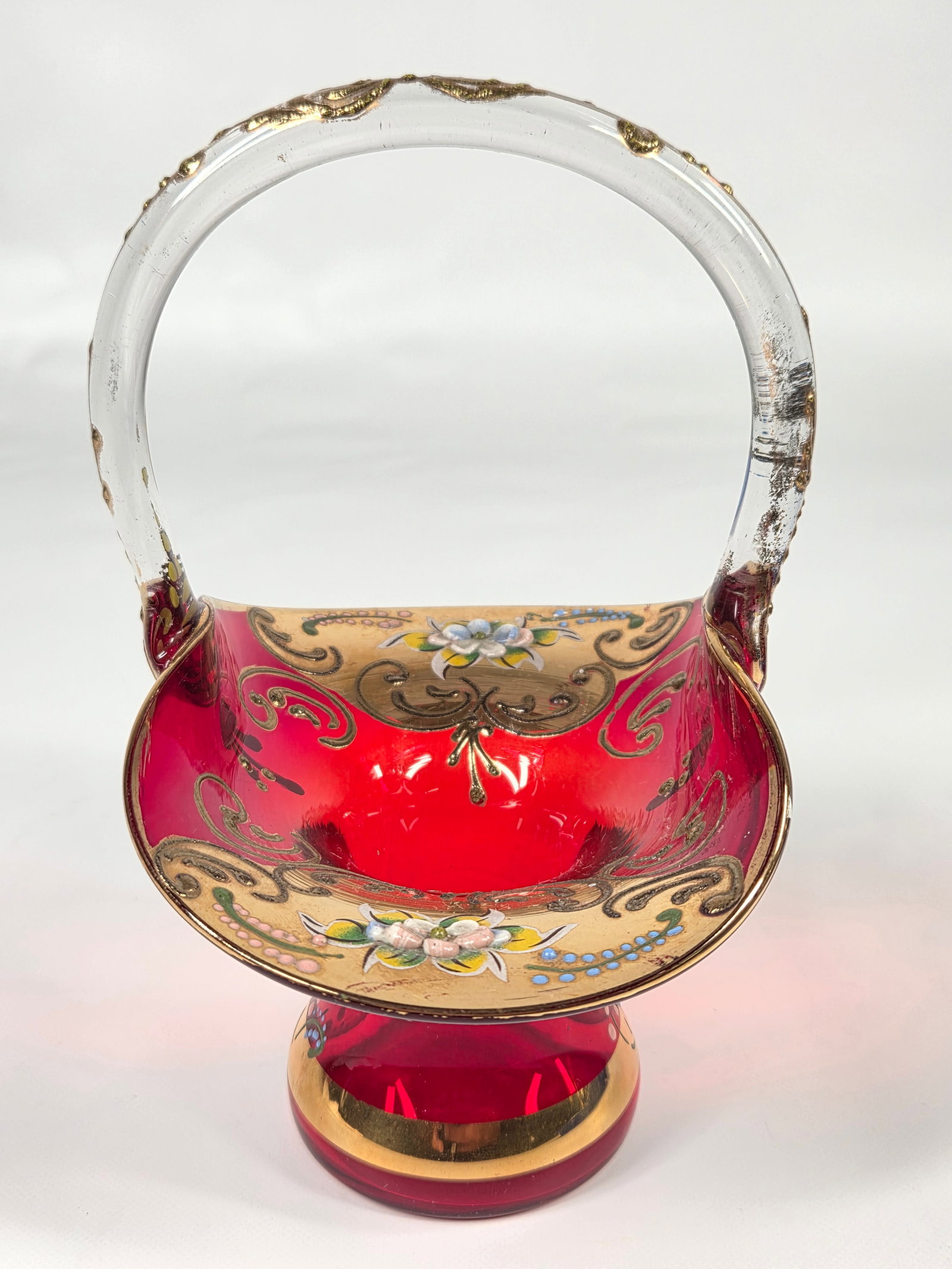 ANTIQUE CRANBERRY GLASS BASKET W/ GOLD & PAINTED ACCENTS: REMAINS IN GOOD CONDITION, NO CHIPS OR CRACKS.