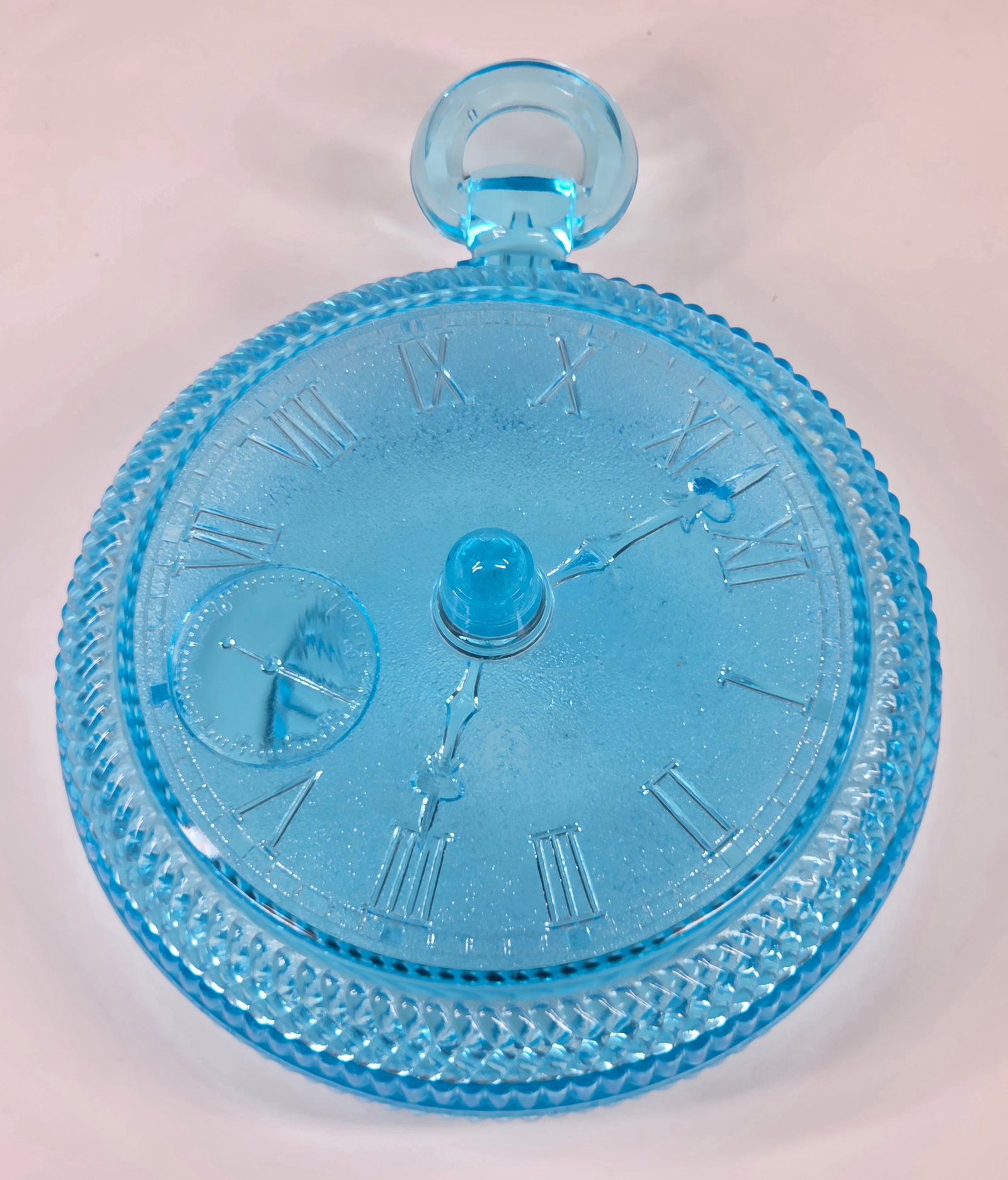 ICE BLUE GLASS POCKET WATCH COVERED BUTTER DISH: REMAINS IN VERY GOOD CLEAN CONDITION. NO CHIPS OR CRACKS.