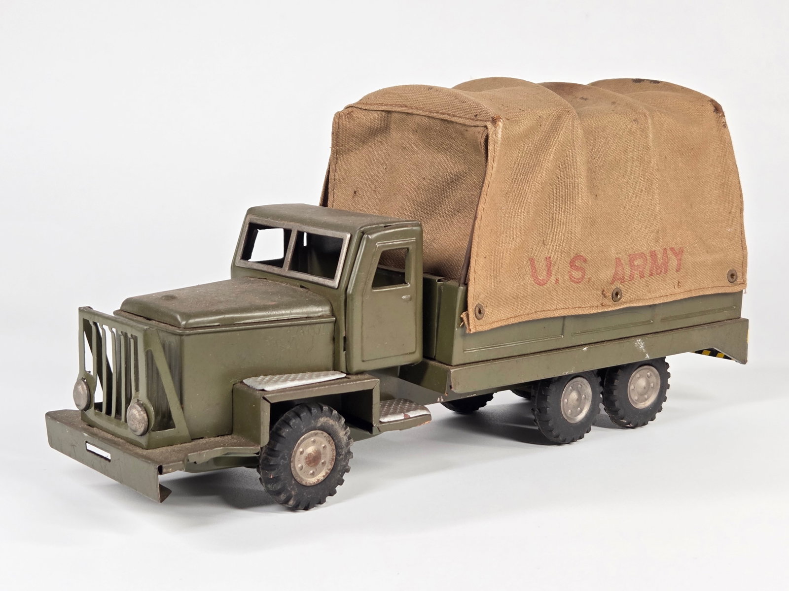 JAPAN TIN FRICTION US ARMY TRANSPORT TRUCK: REMAINS IN GOOD CONDITION, SHOWING SOME TYPICAL WEAR. FRICTION MOTOR WORKS.