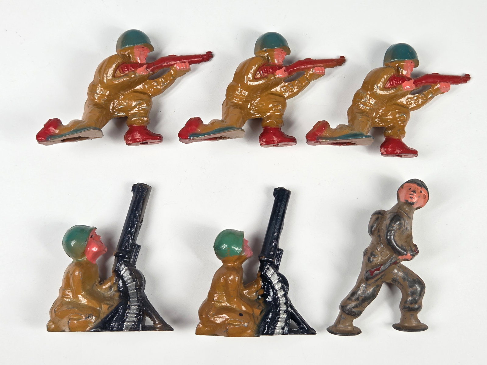 6) BARCLAY MANOIL LEAD SOLDIERS: ALL REMAIN IN FAIR TO GOOD CONDITION, SHOWING PAINT WEAR.