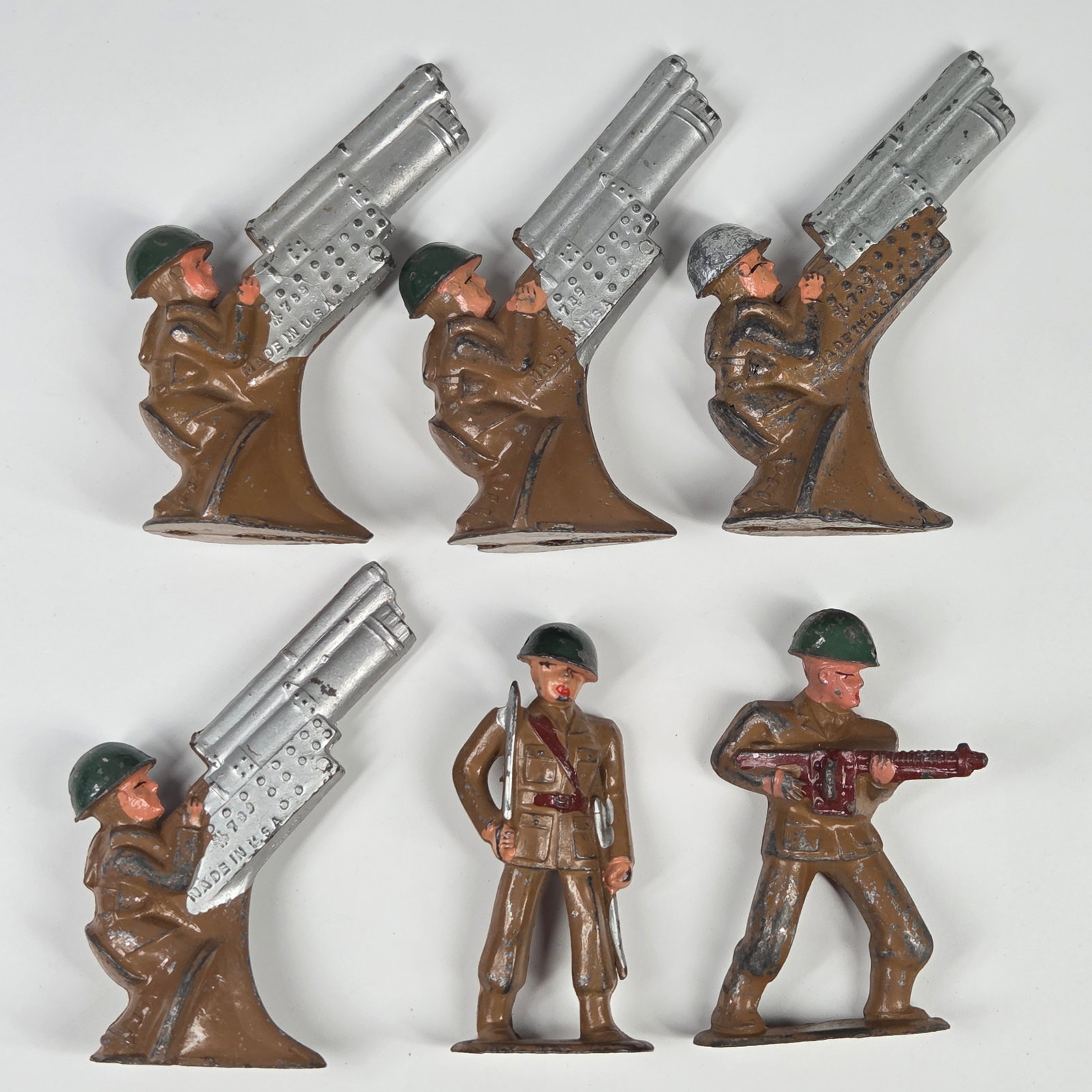 6) BARCLAY MANOIL LEAD SOLDIERS: ALL REMAIN IN FAIR TO GOOD CONDITION, SHOWING PAINT WEAR.