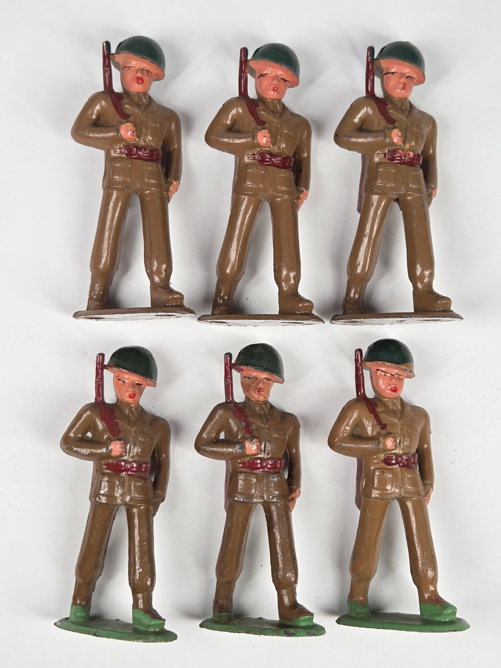 6) BARCLAY MANOIL LEAD SOLDIERS: ALL REMAIN IN FAIR TO GOOD CONDITION, SHOWING PAINT WEAR.