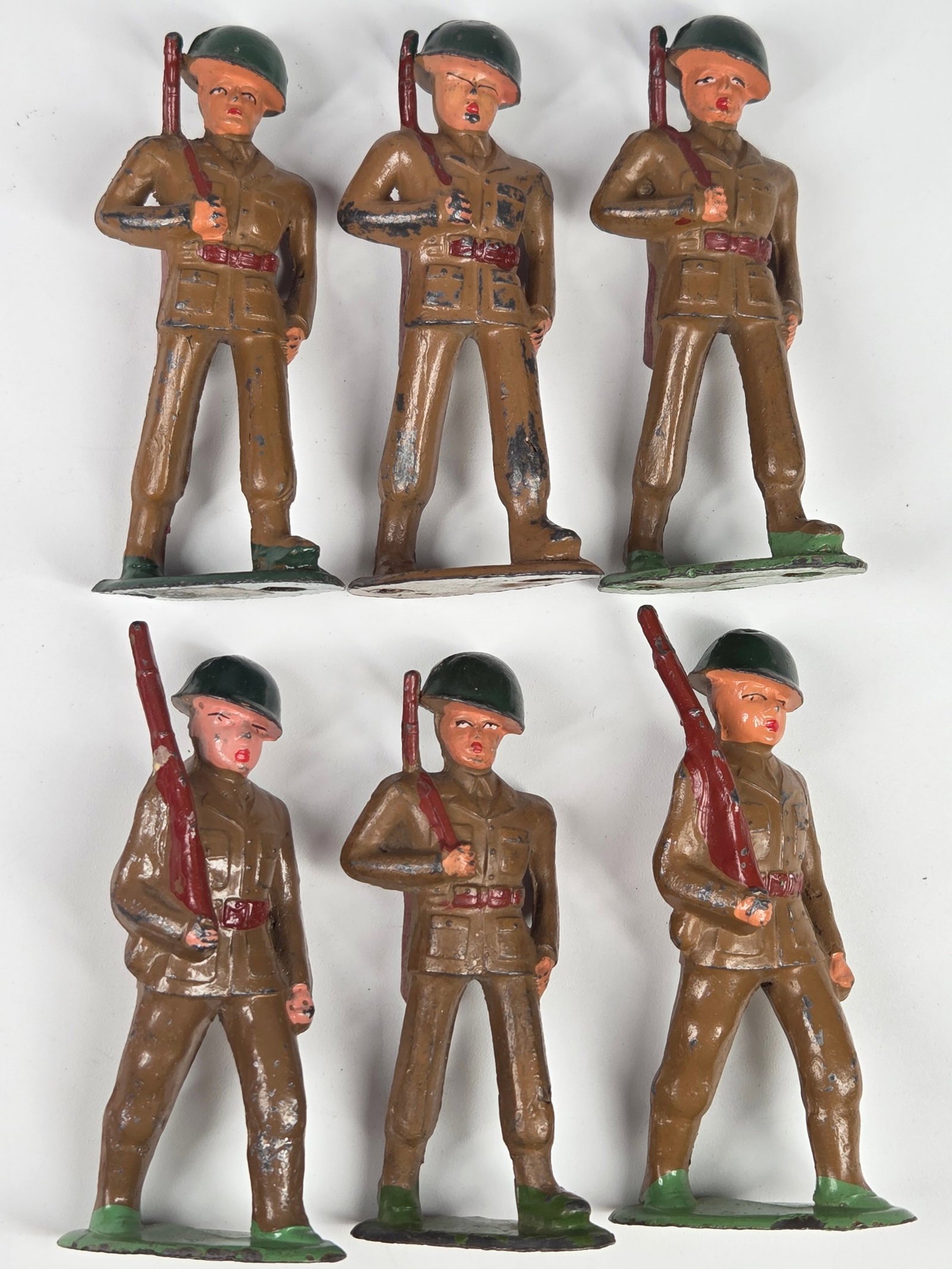 6) BARCLAY MANOIL LEAD SOLDIERS: ALL REMAIN IN FAIR TO GOOD CONDITION, SHOWING PAINT WEAR.