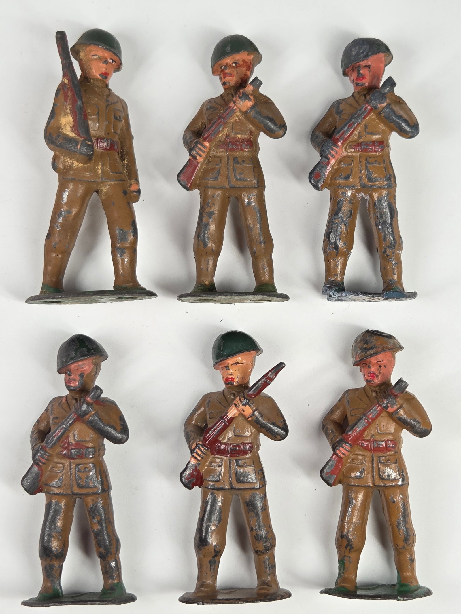 6) BARCLAY MANOIL LEAD SOLDIERS: ALL REMAIN IN FAIR TO GOOD CONDITION, SHOWING PAINT WEAR.