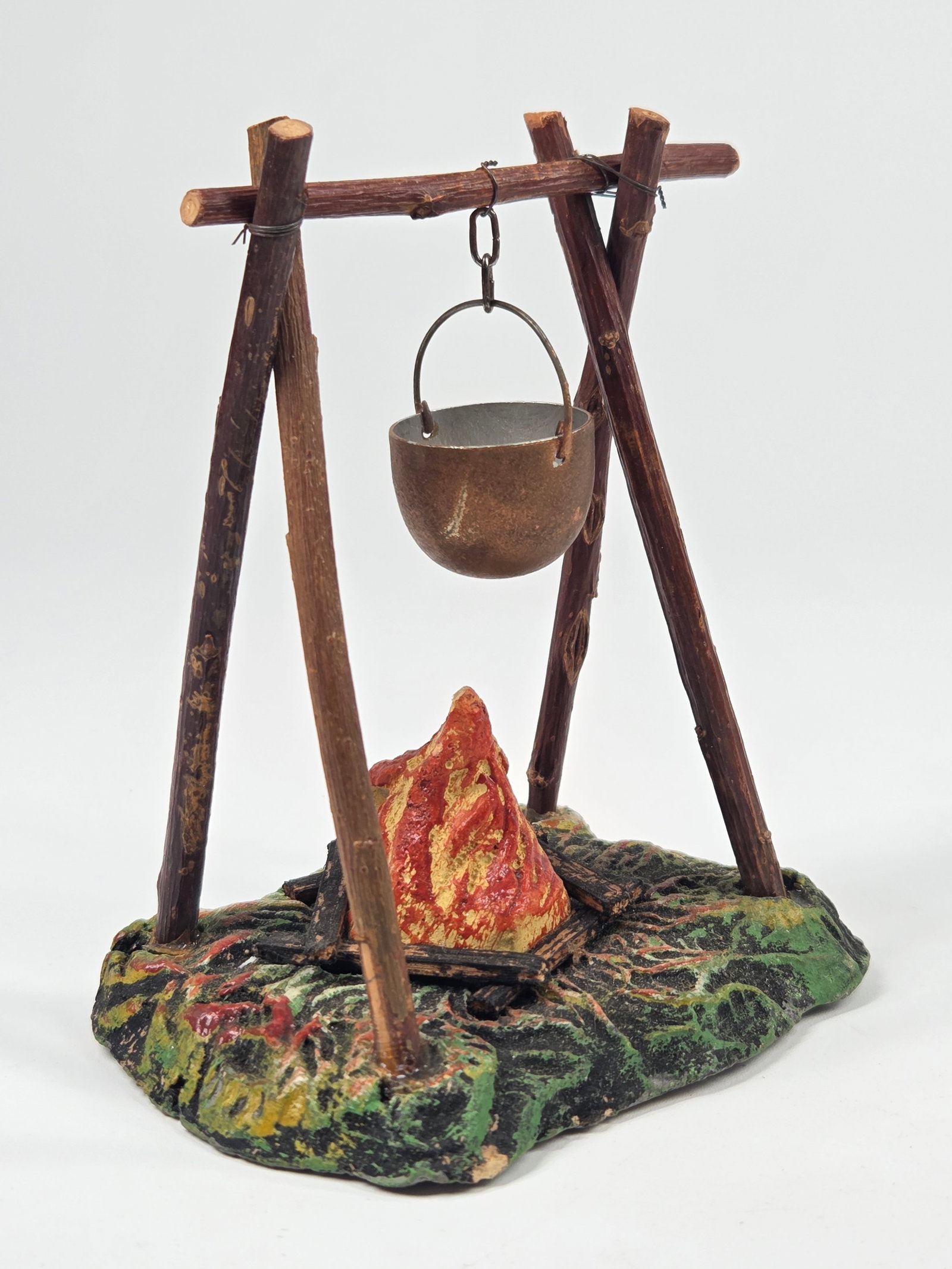 NICE GERMAN COMPOSITION HAND PAINTED FIRE W/ COOK POT - 2
