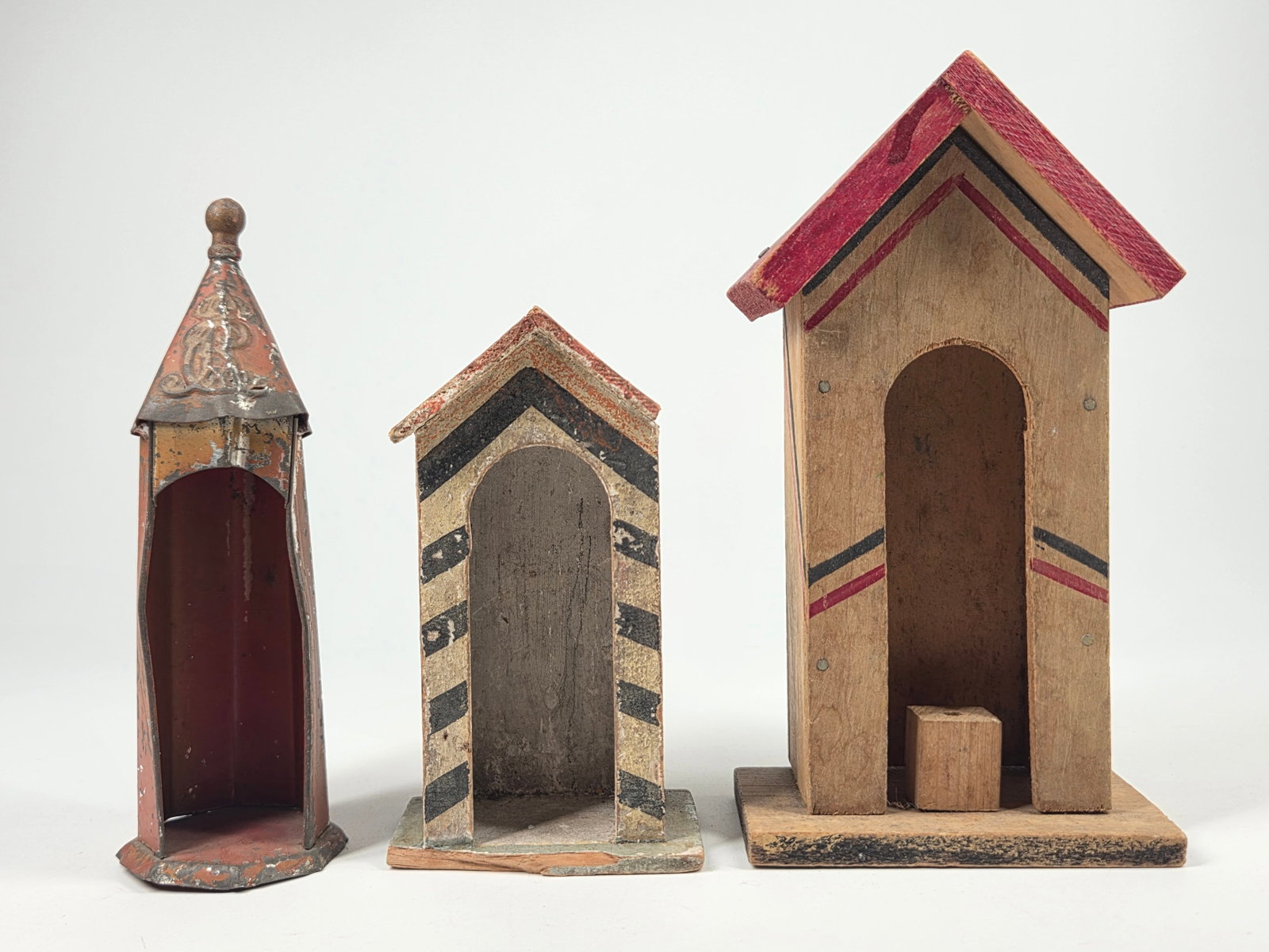 3) ANTIQUE SOLDIER SENTRY BOXES - TIN & WOOD PAINTED: ALL REMAIN IN FAIR TO GOOD CONDITION, SHOWING TYPICAL WEAR.