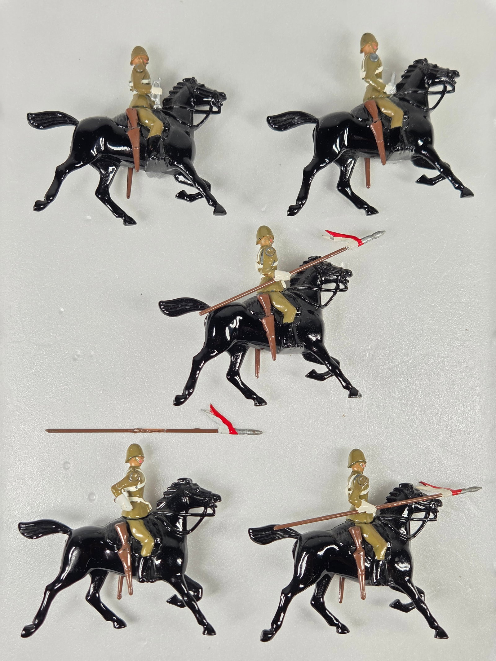 5) BRITAINS PAINTED LEAD LANCERS EMPRESS OF INDIA: ALL REMAIN IN VERY GOOD CONDITION, SHOWING SOME TYPICAL WEAR